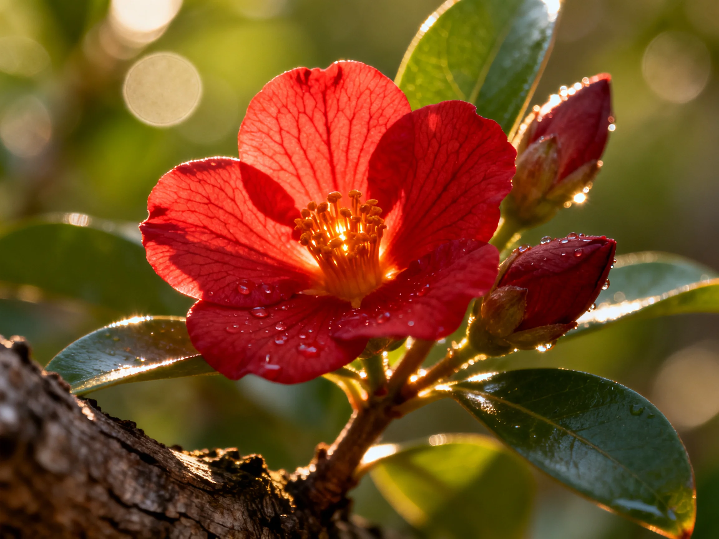 A vibrant red camellia blooms beside two unopened buds