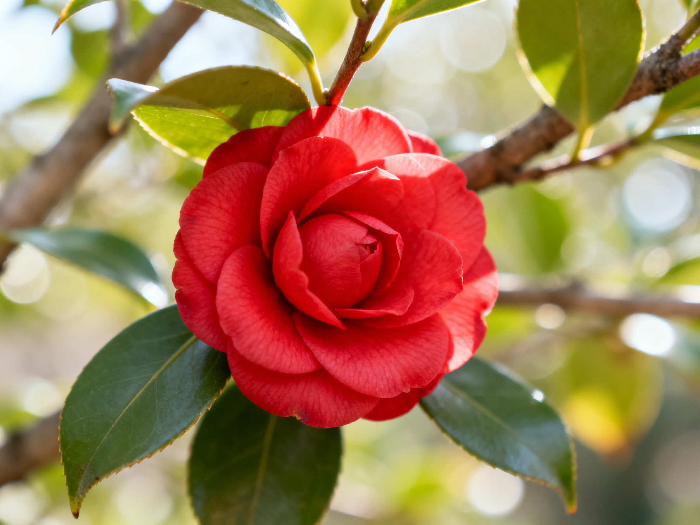A vibrant red camellia flower amidst glossy green leaves