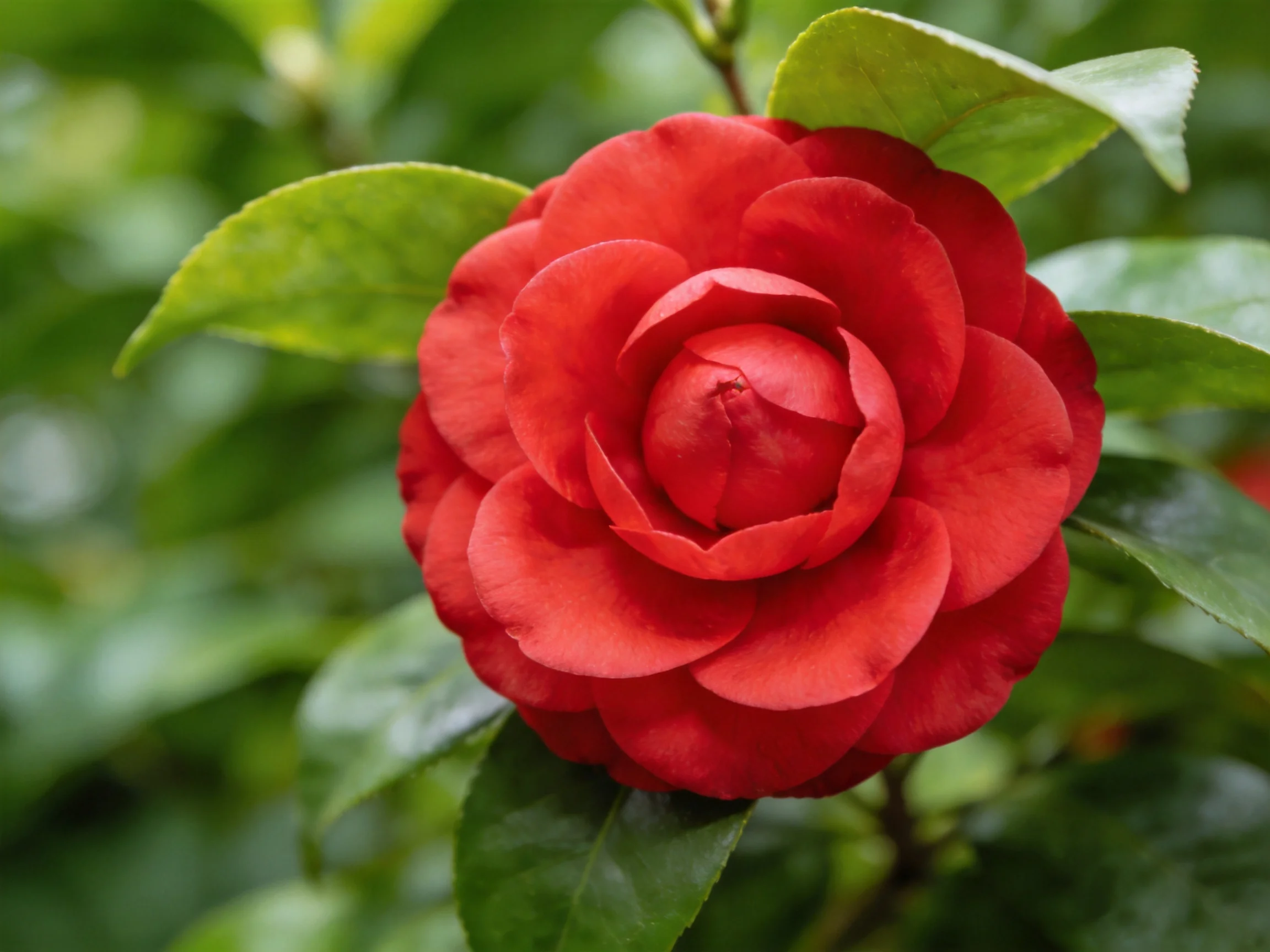 A vibrant red camellia flower surrounded by lush green foliage