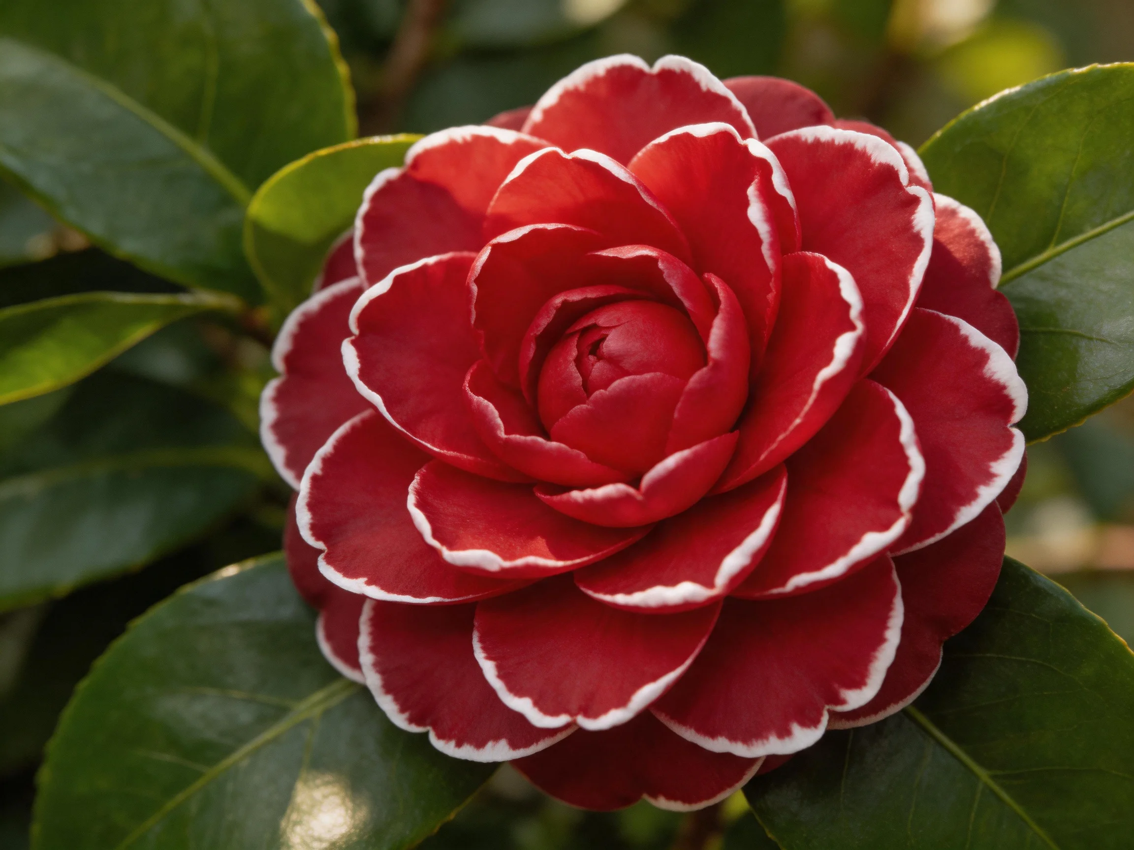 A vibrant red camellia with white-trimmed petals among glossy green leaves