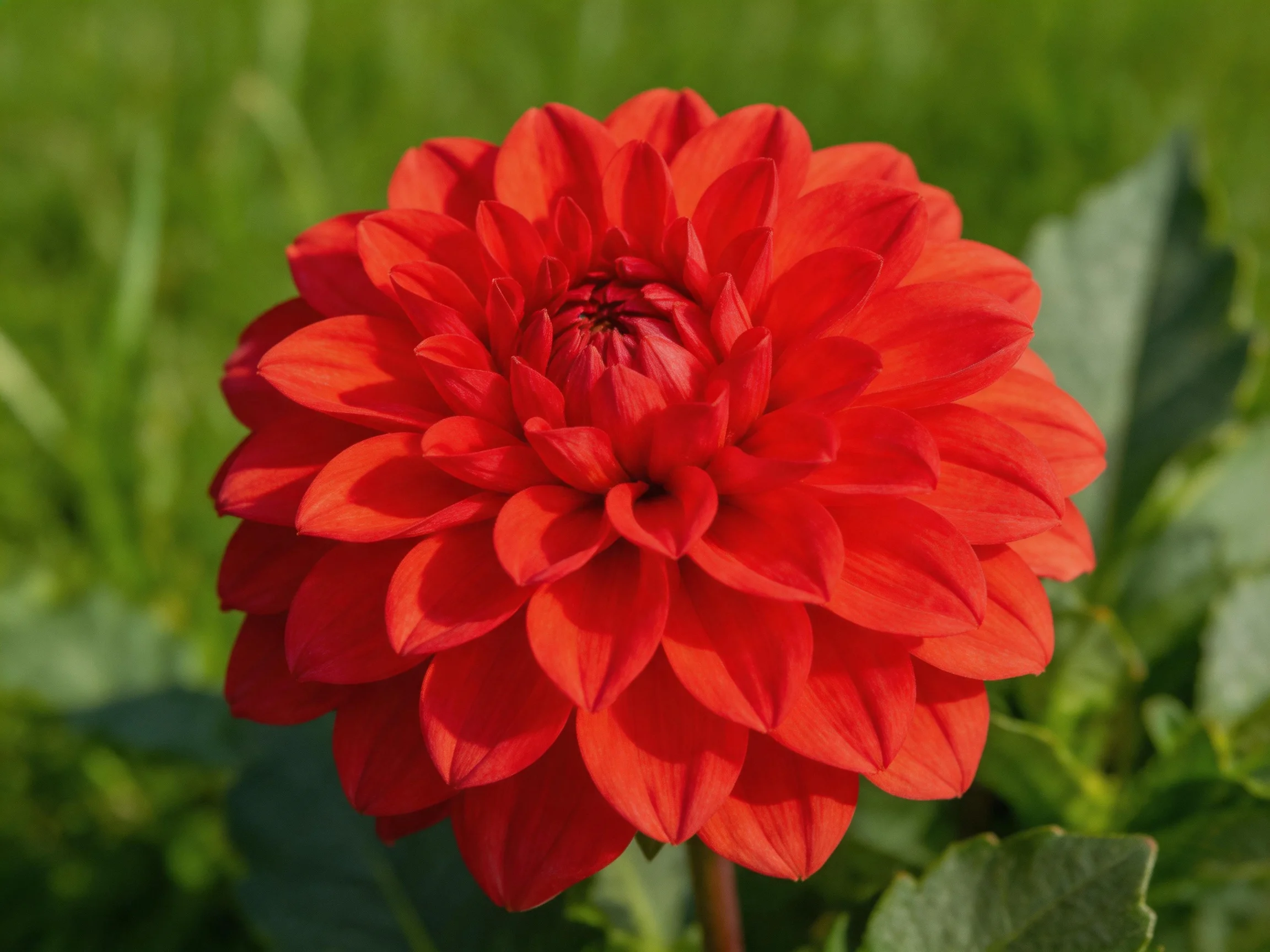 A vibrant red dahlia blooms against lush green foliage