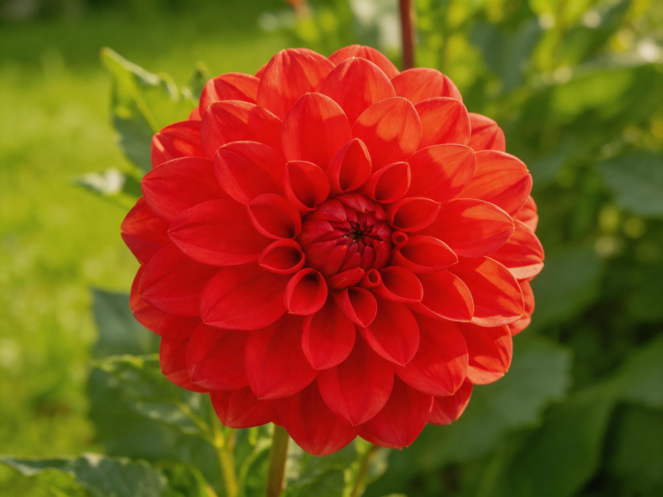 A vibrant red dahlia blooms amid lush green foliage