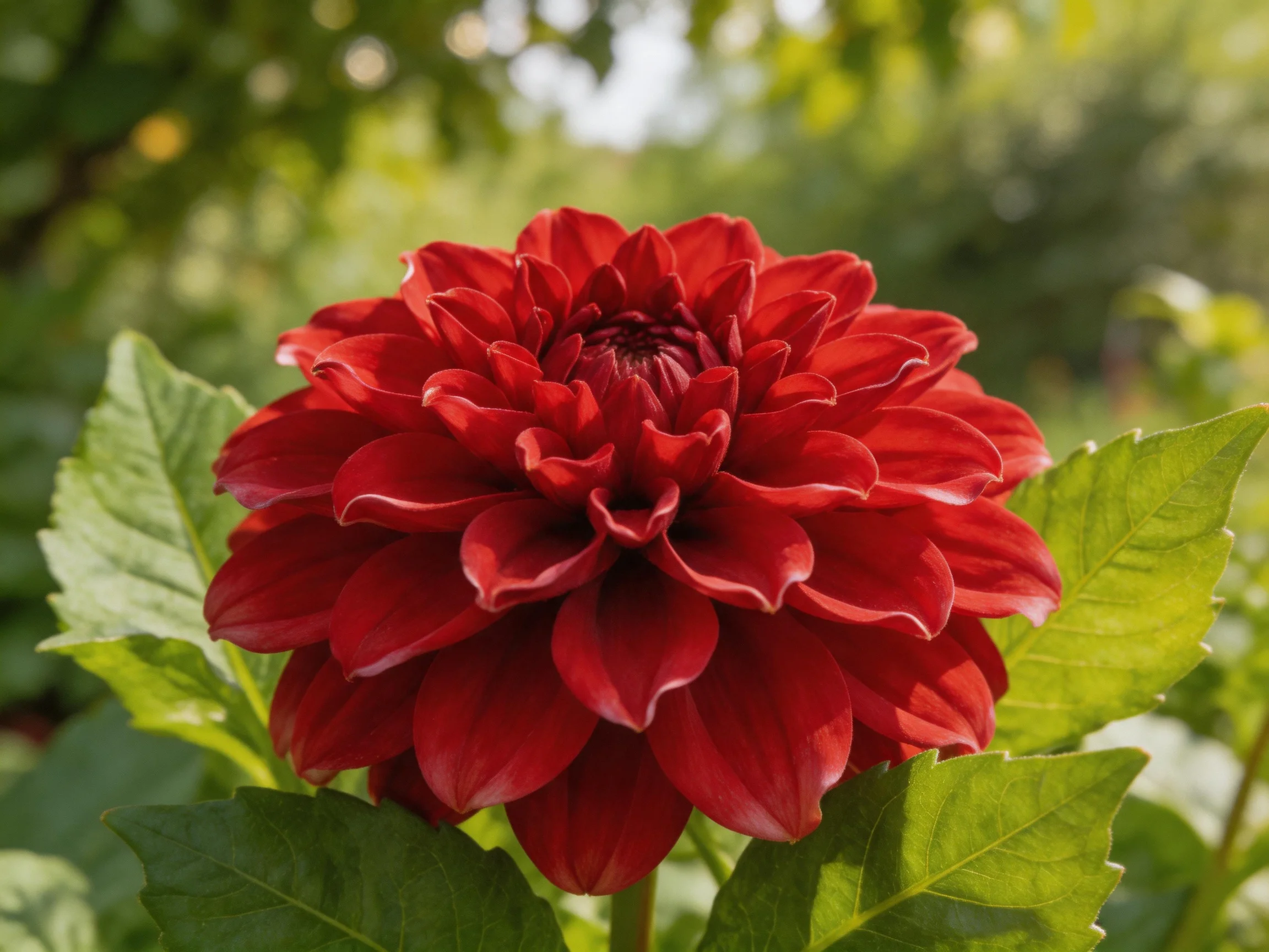 A vibrant red dahlia blooms amid lush green foliage