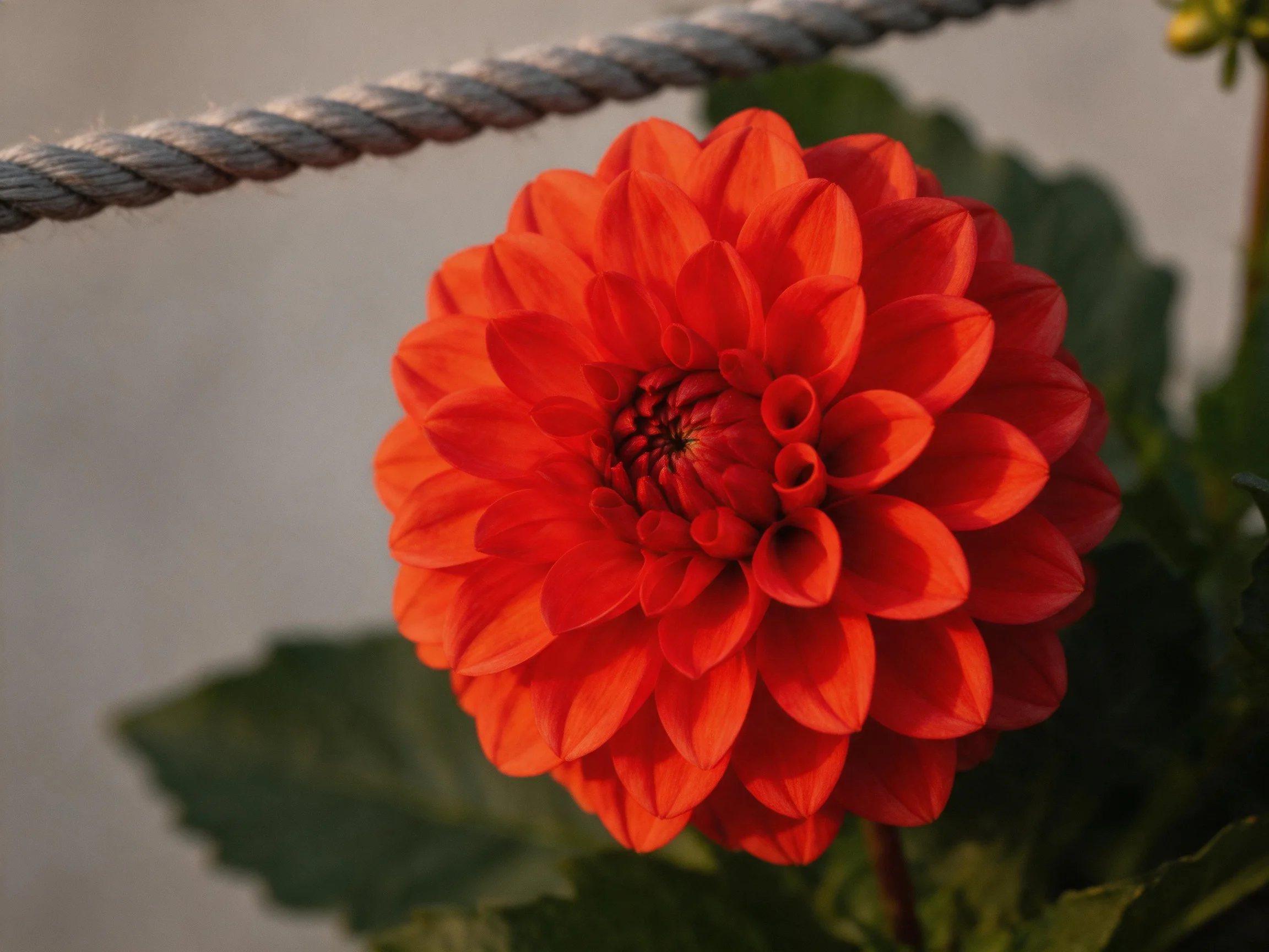 A vibrant red dahlia blooms beside a twisted rope fence