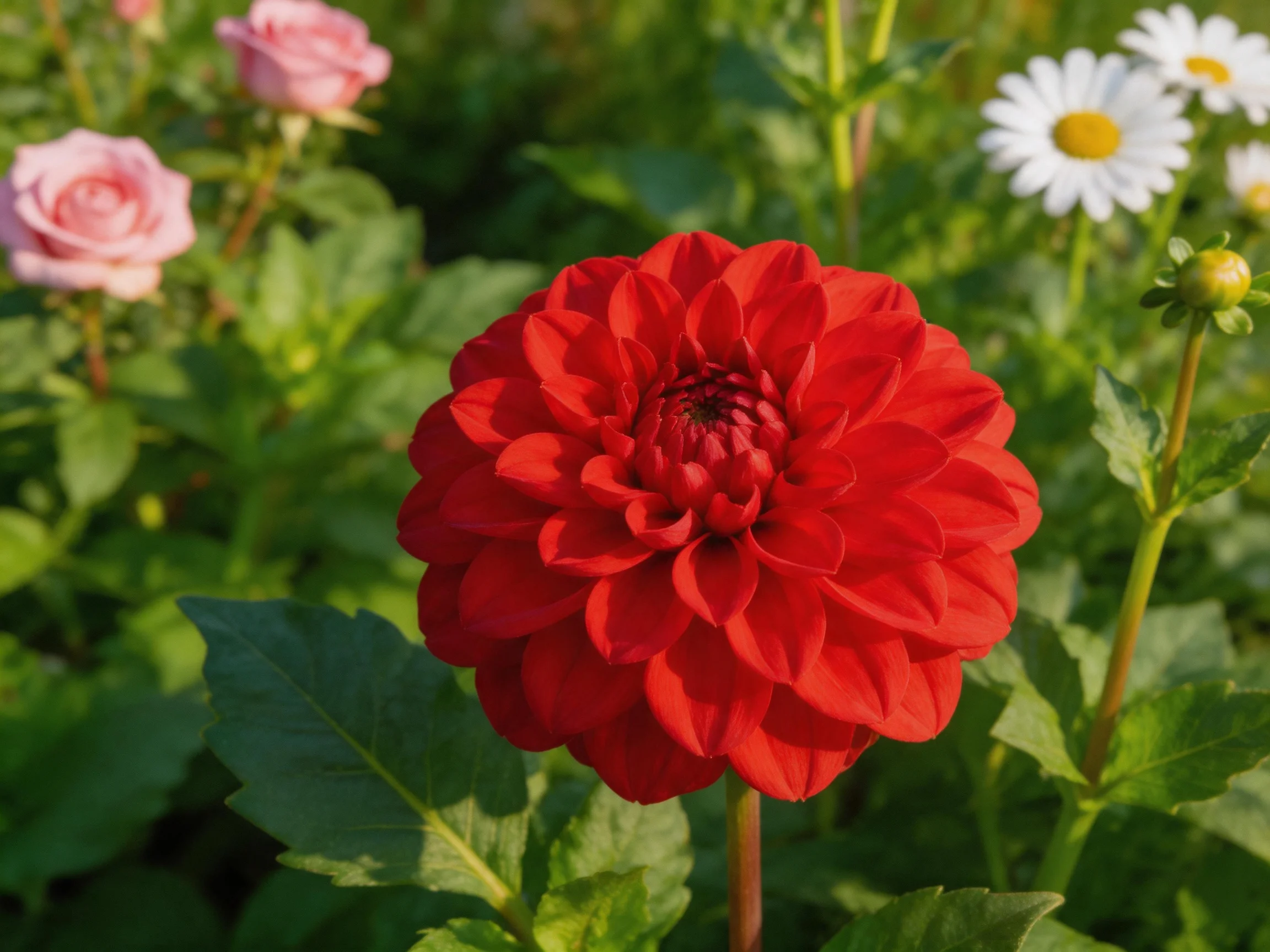 A vibrant red dahlia surrounded by pink roses and white daisies