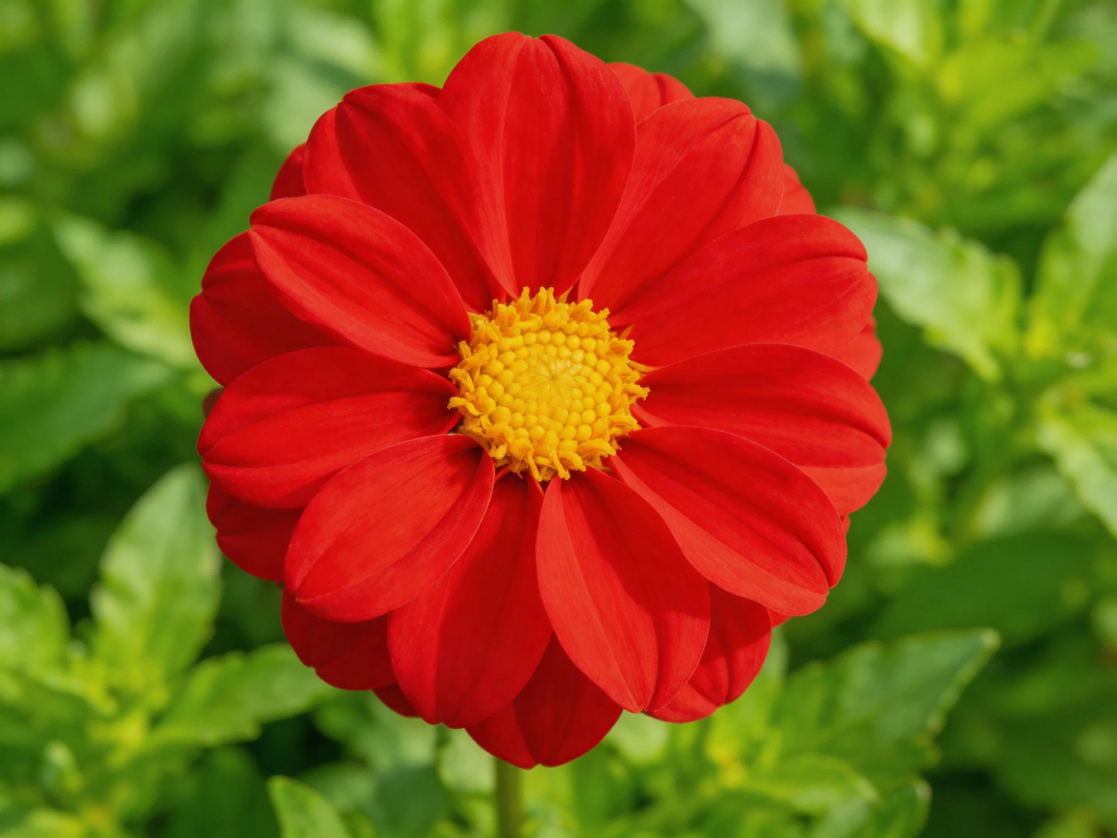 A vibrant red dahlia with a bright yellow center amid lush green foliage