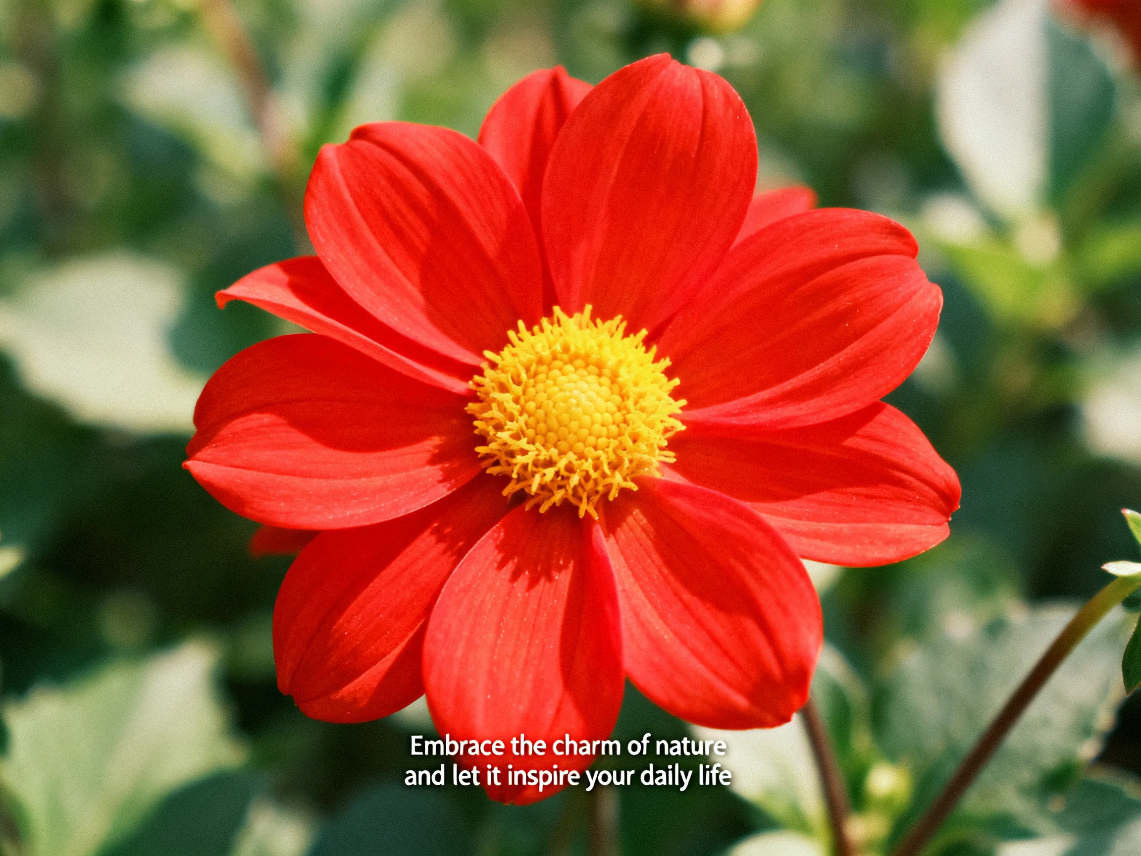 A vibrant red dahlia with a bright yellow central disk