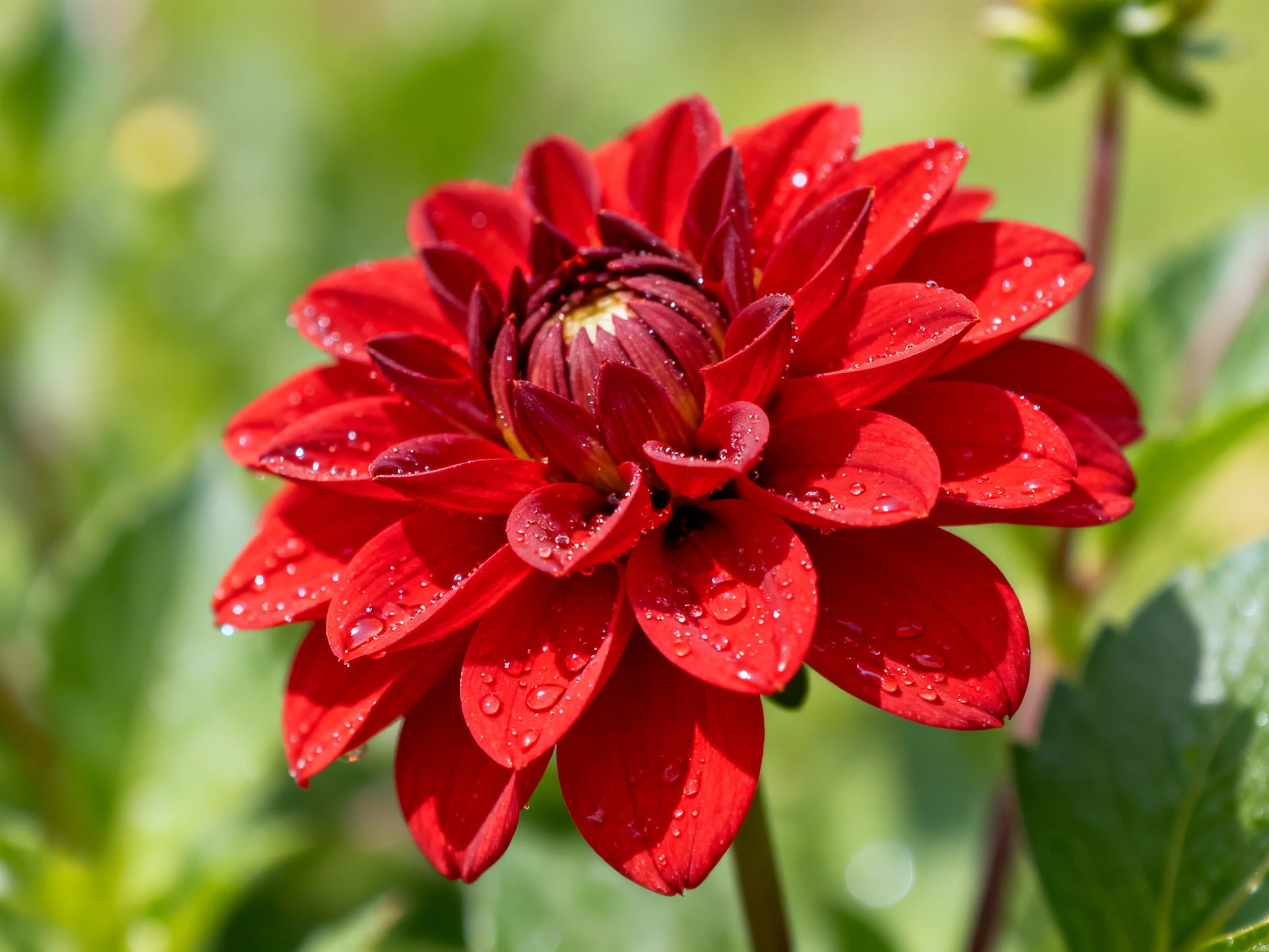 A vibrant red dahlia with dew drops in a lush green garden
