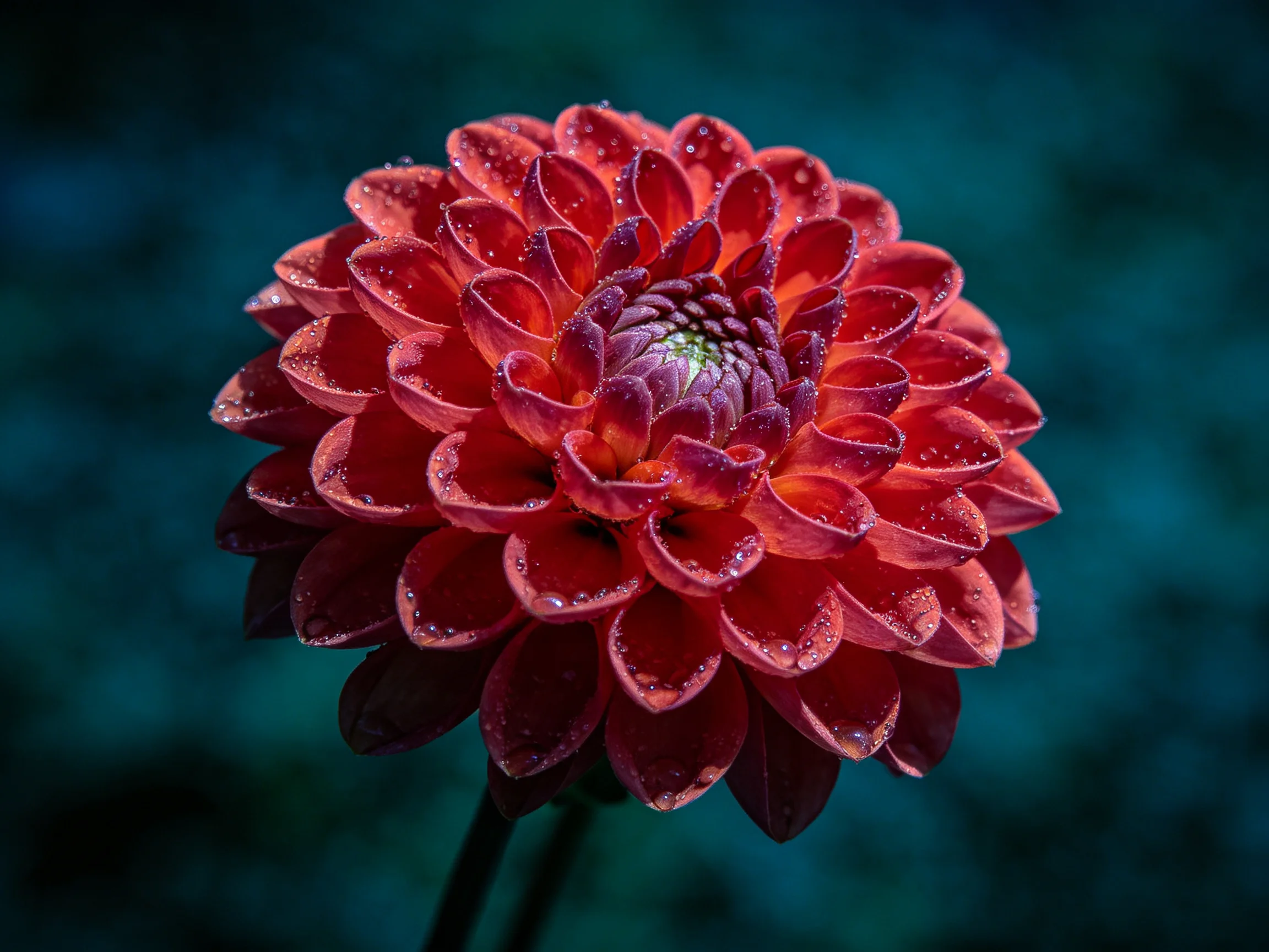 A vibrant red dahlia with dewdrops on a dark teal backdrop
