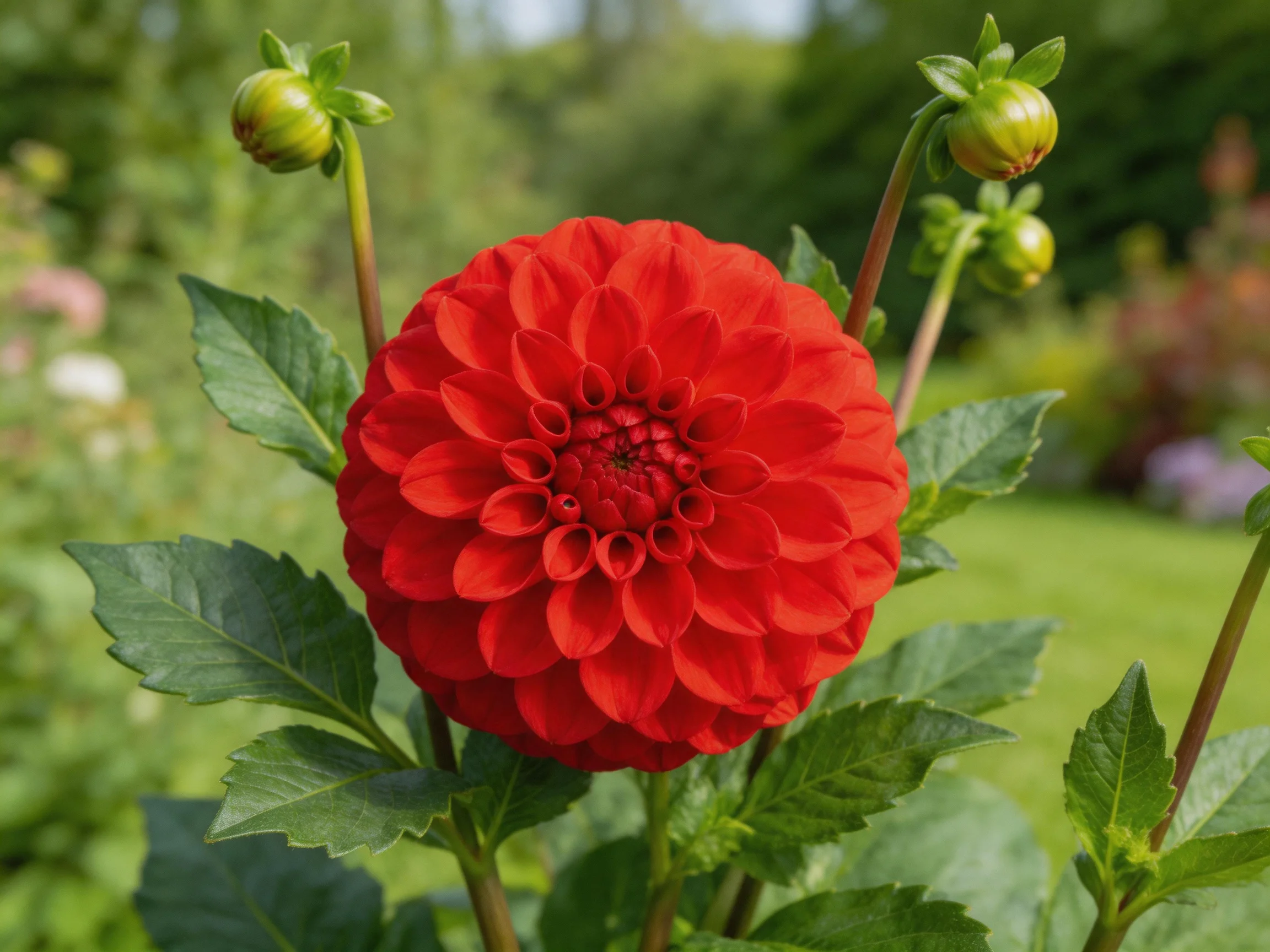 A vibrant red dahlia with green buds in a sunlit garden