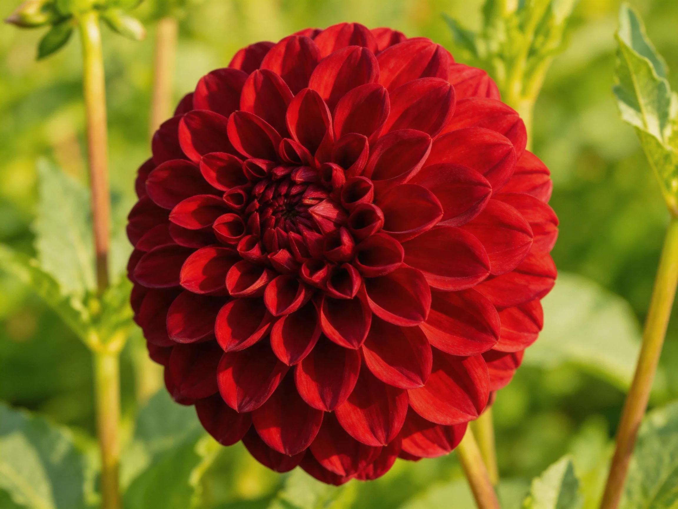 A vibrant red dahlia with layered petals in a lush garden