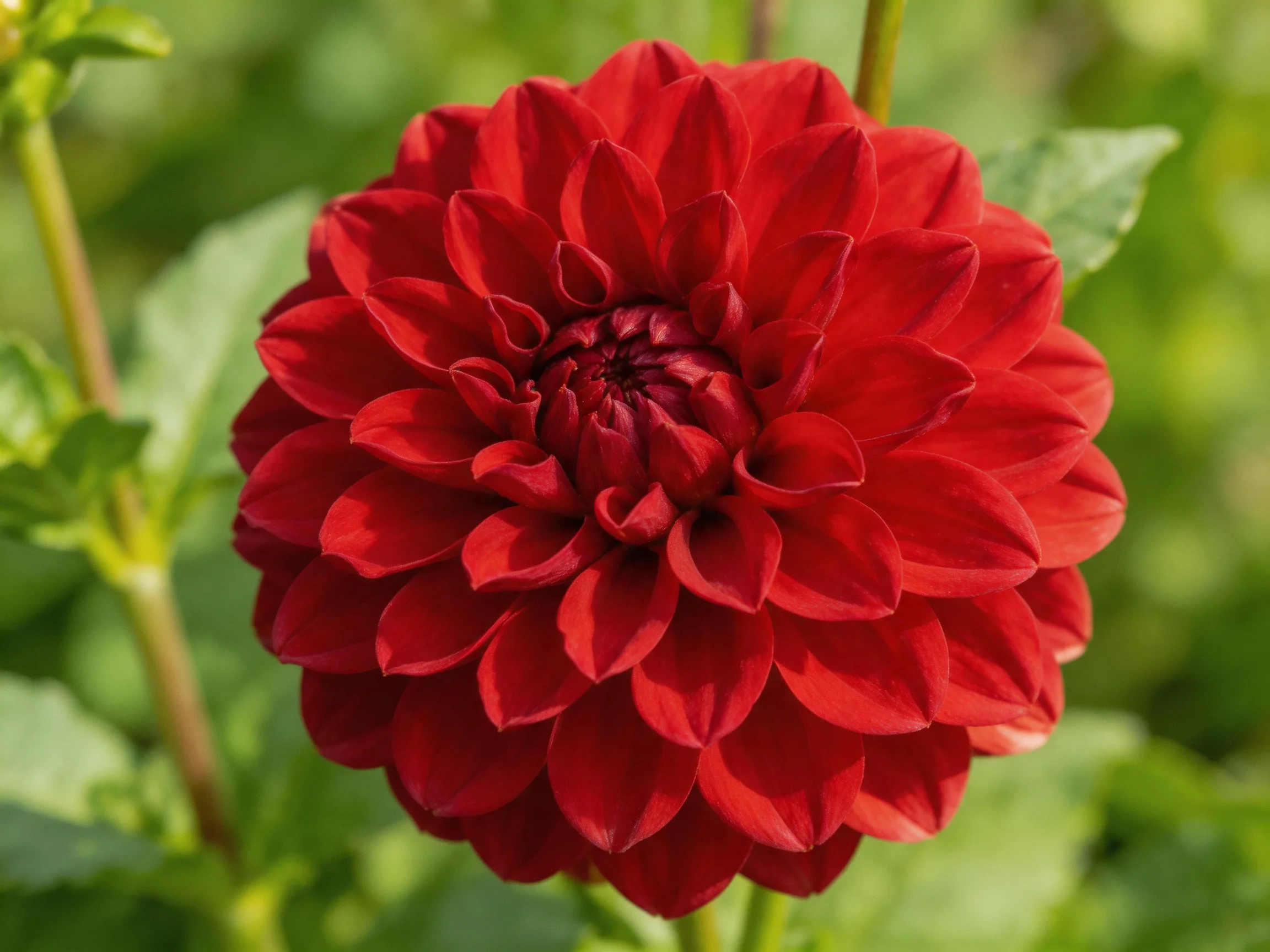 A vibrant red dahlia with layered petals in a lush garden