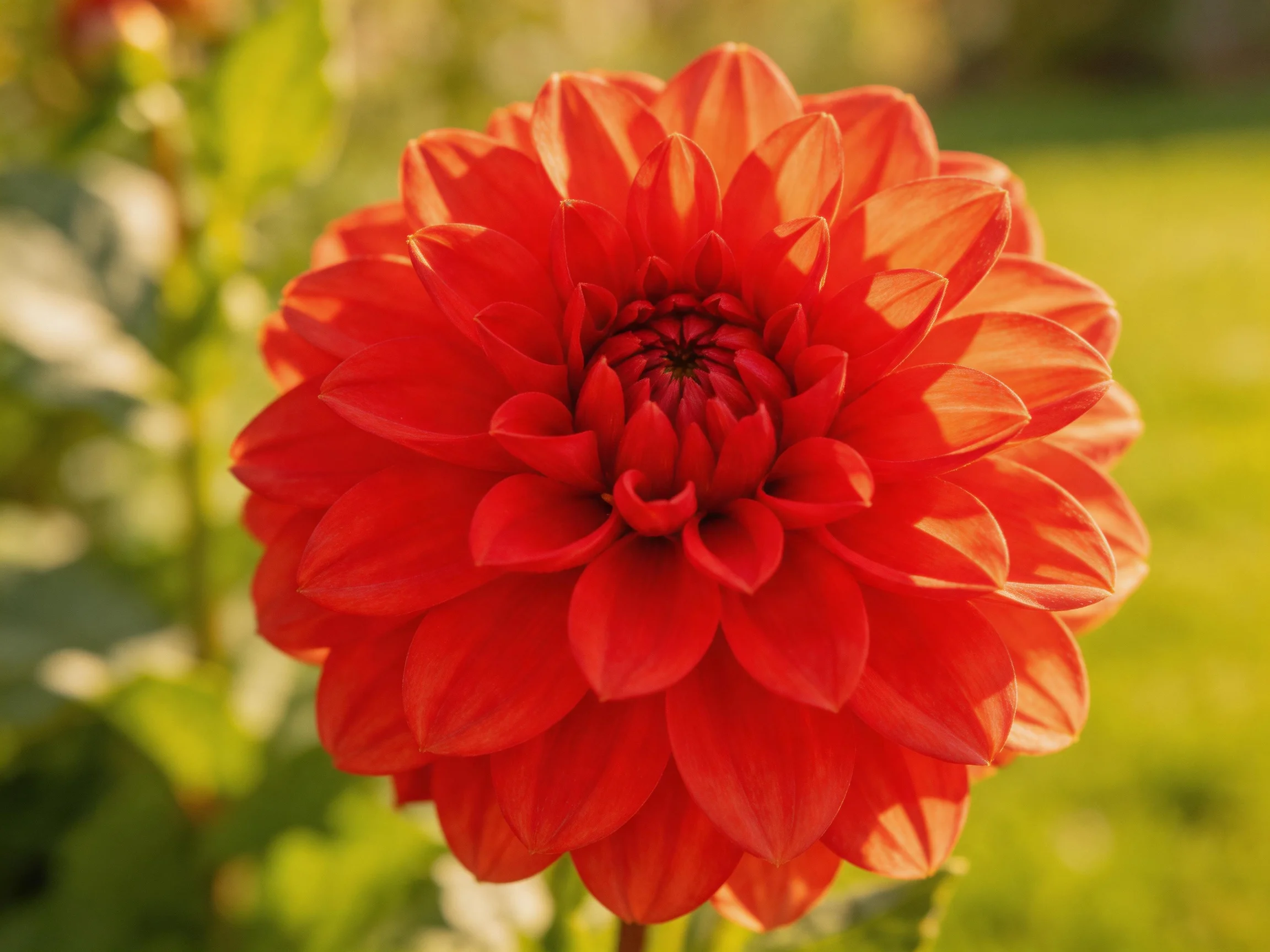 A vibrant red dahlia with layered petals in a sunlit garden
