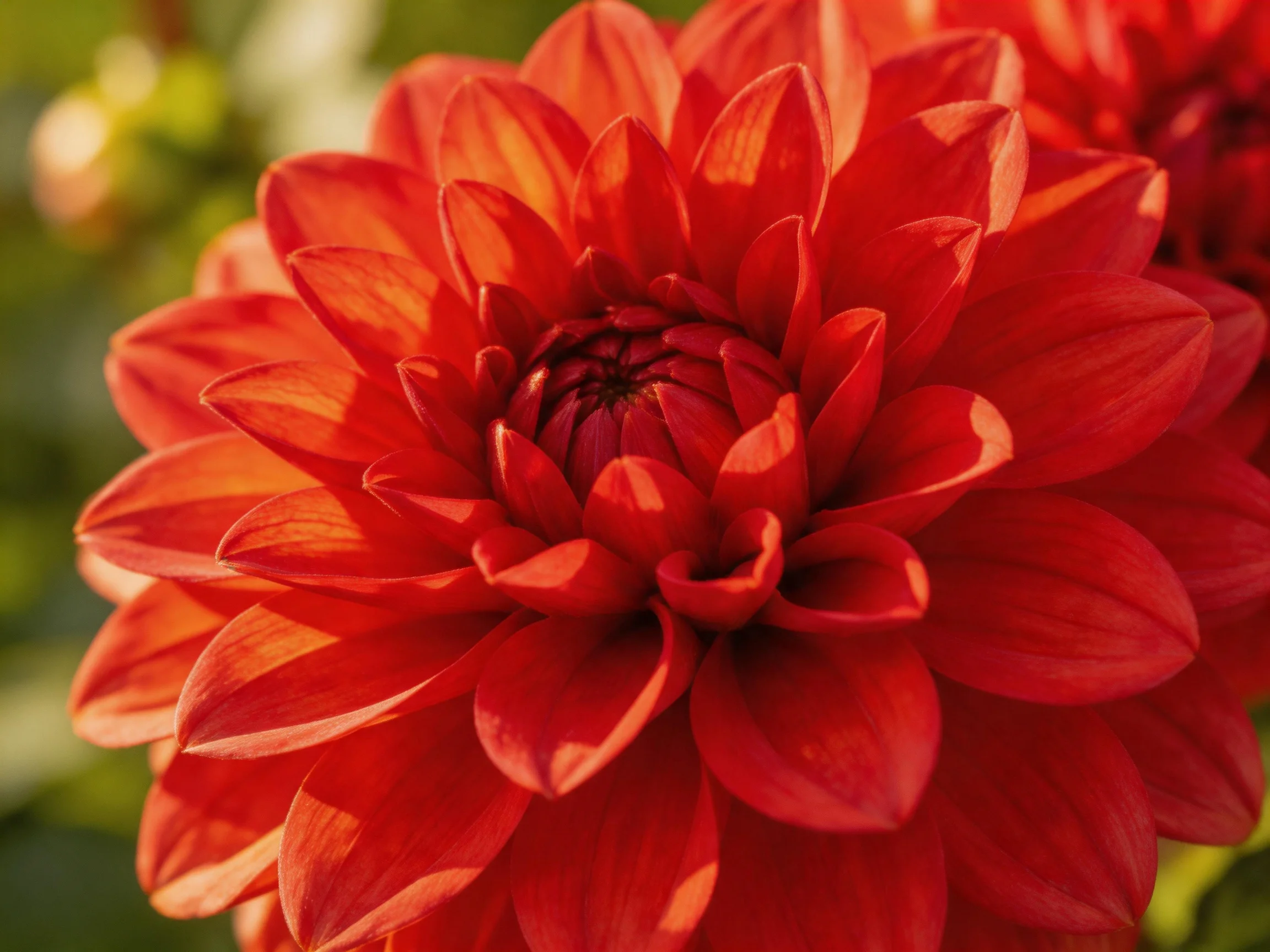 A vibrant red dahlia with layered petals in natural light