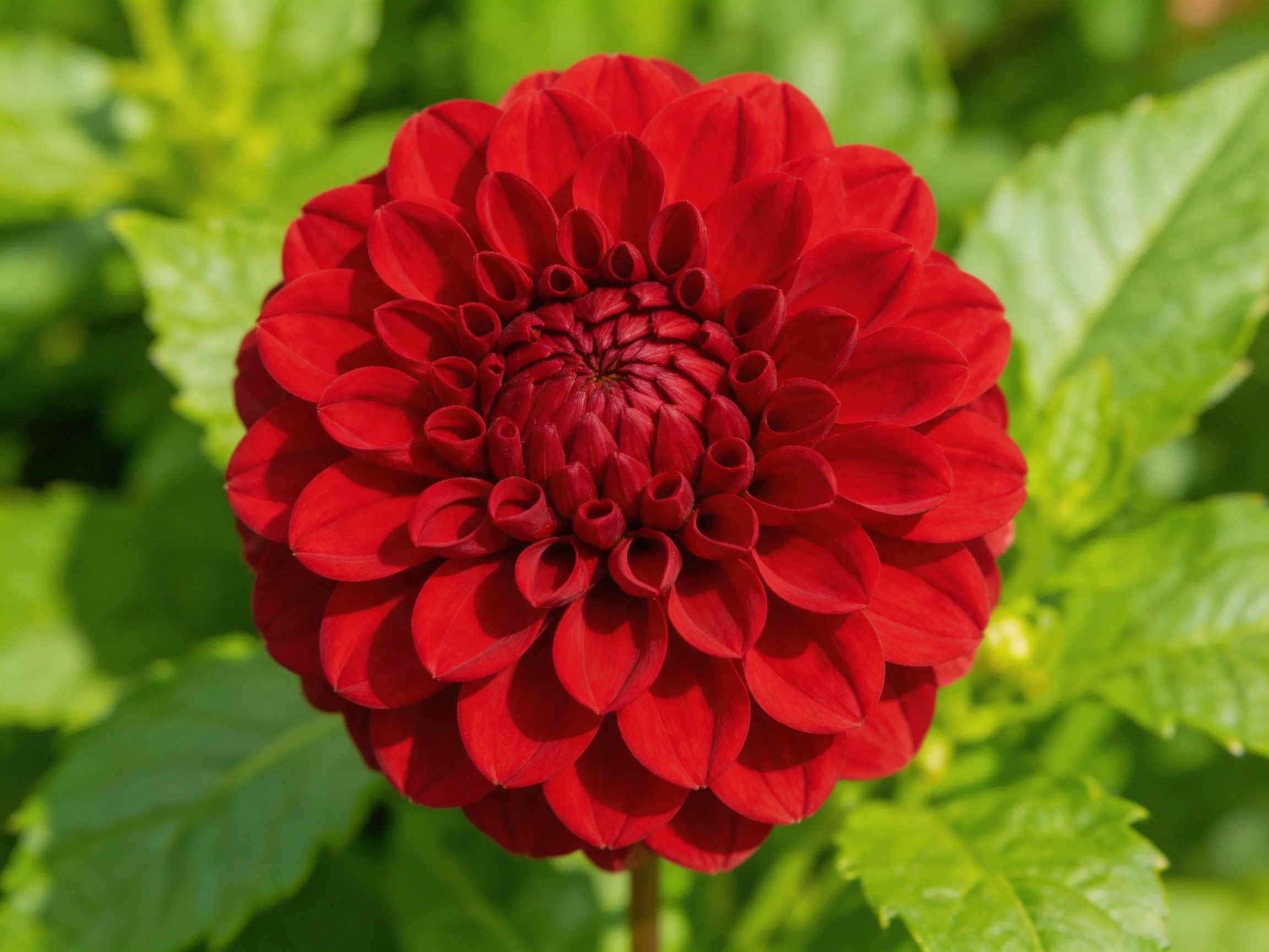 A vibrant red dahlia with layered petals surrounded by green foliage