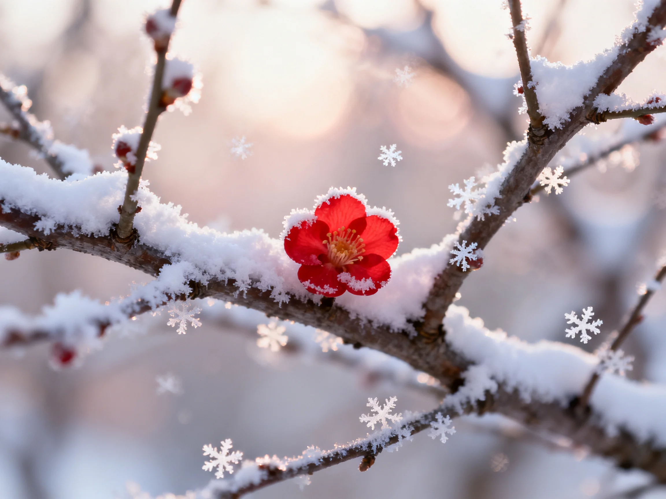 A vibrant red flower blooms amid snow-laden winter branches