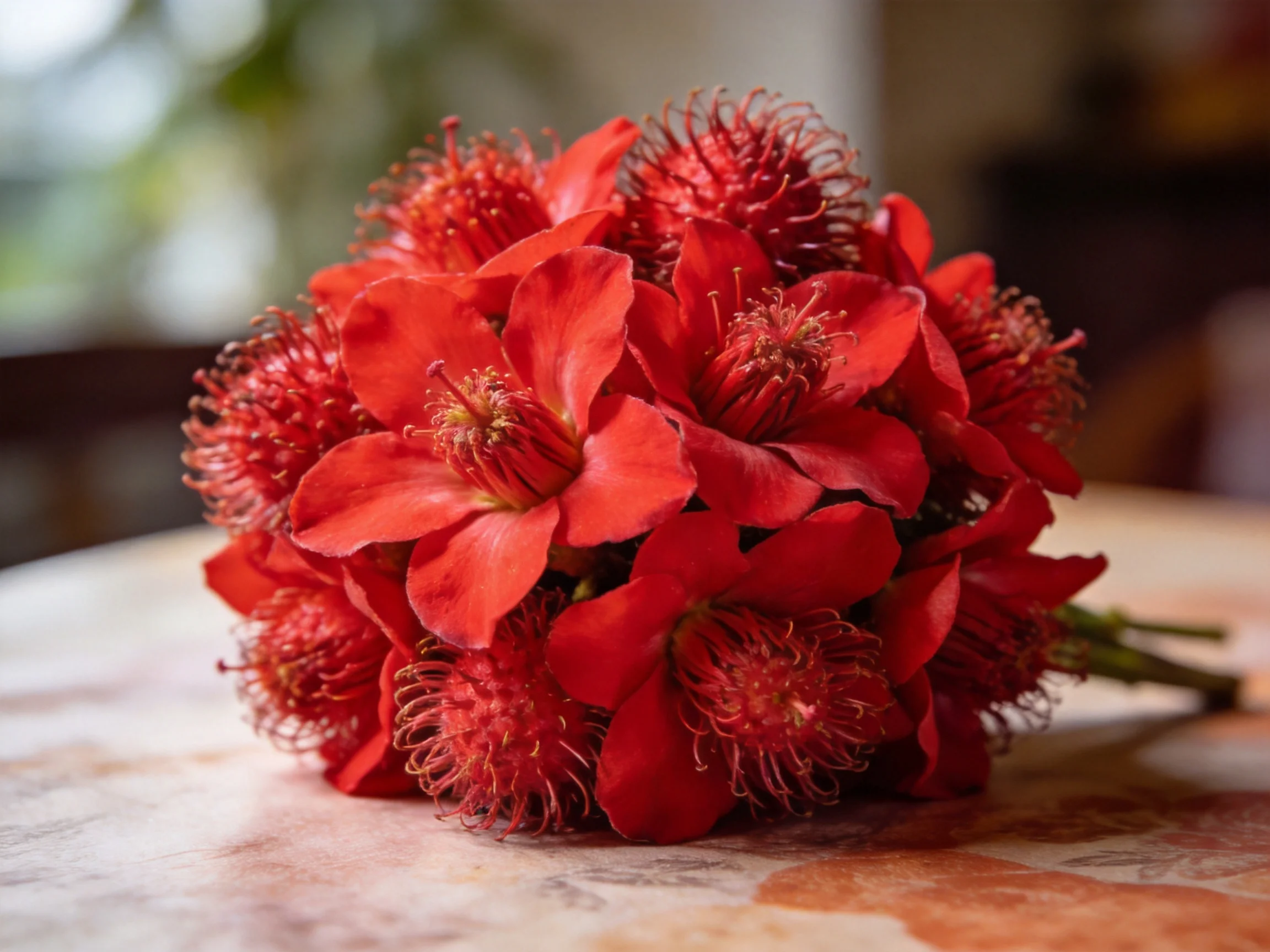 A vibrant red flower bouquet with textured blooms