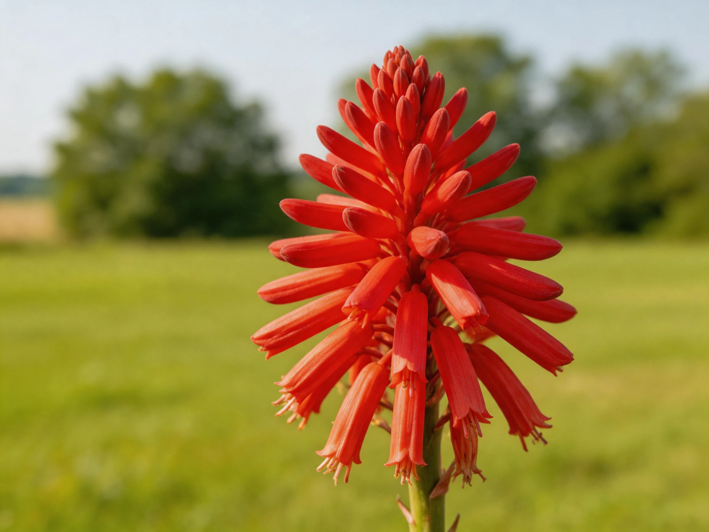 A vibrant red flower cluster blooms prominently in an open green field