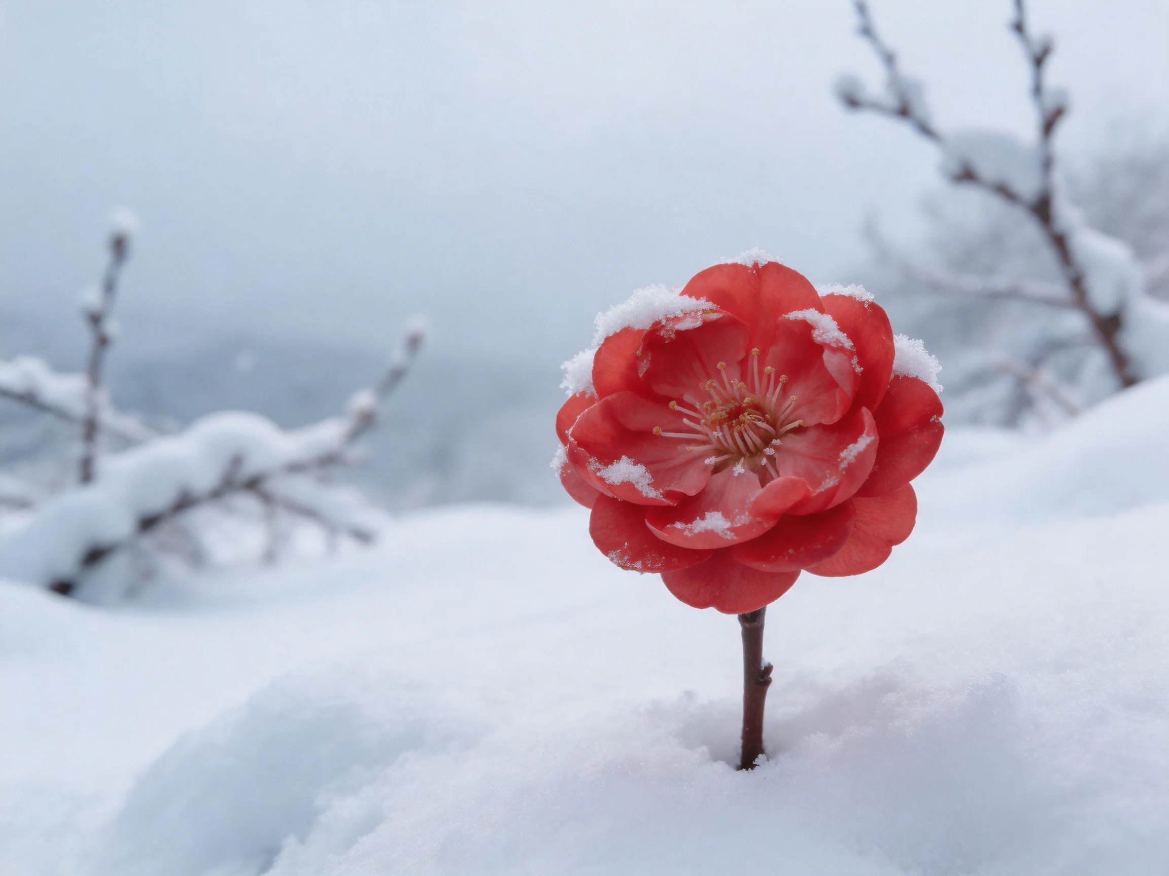 A vibrant red flower emerges from deep snow with frosty branches