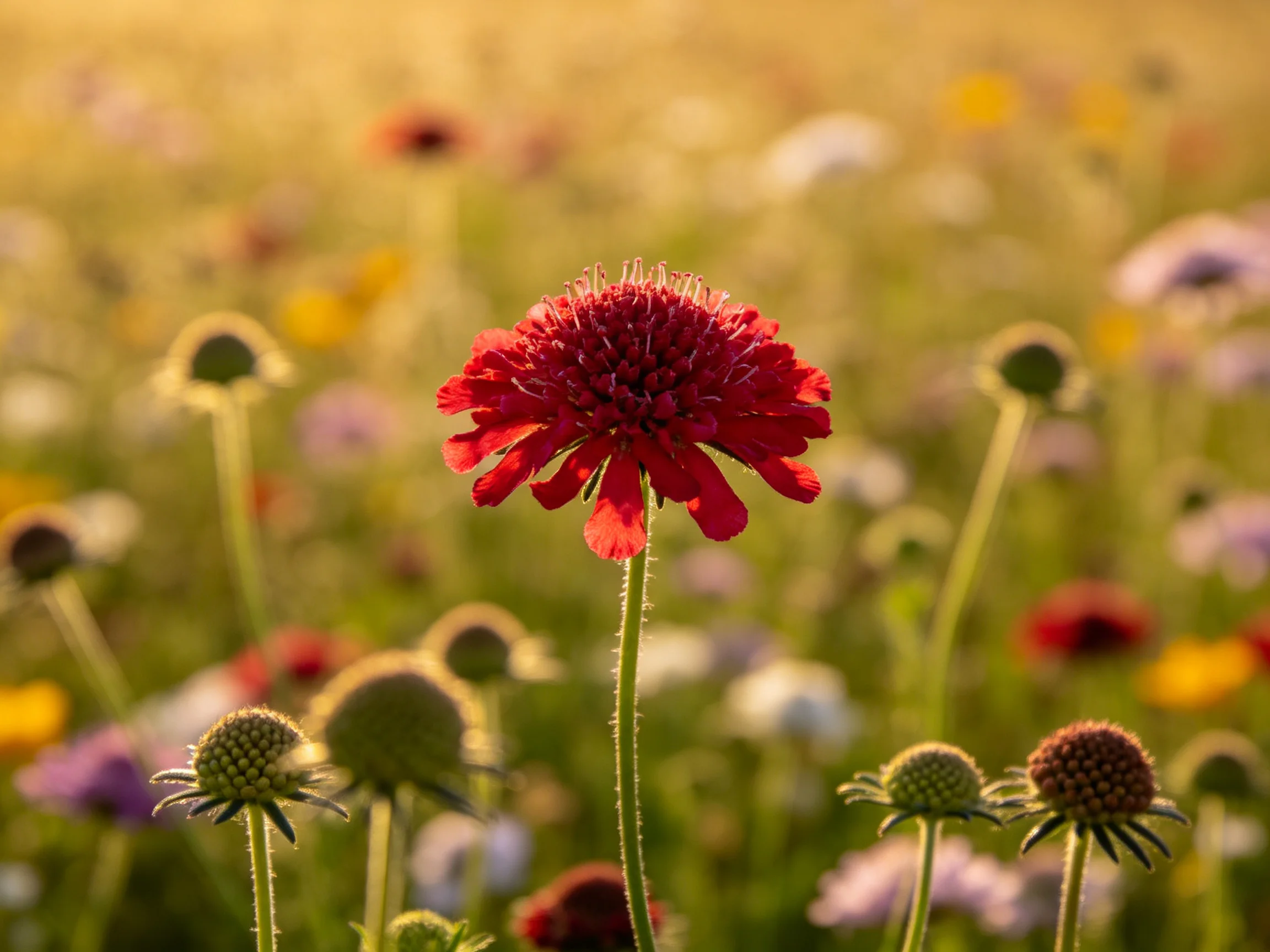 A vibrant red flower stands out among colorful wildflowers in a sunlit meadow