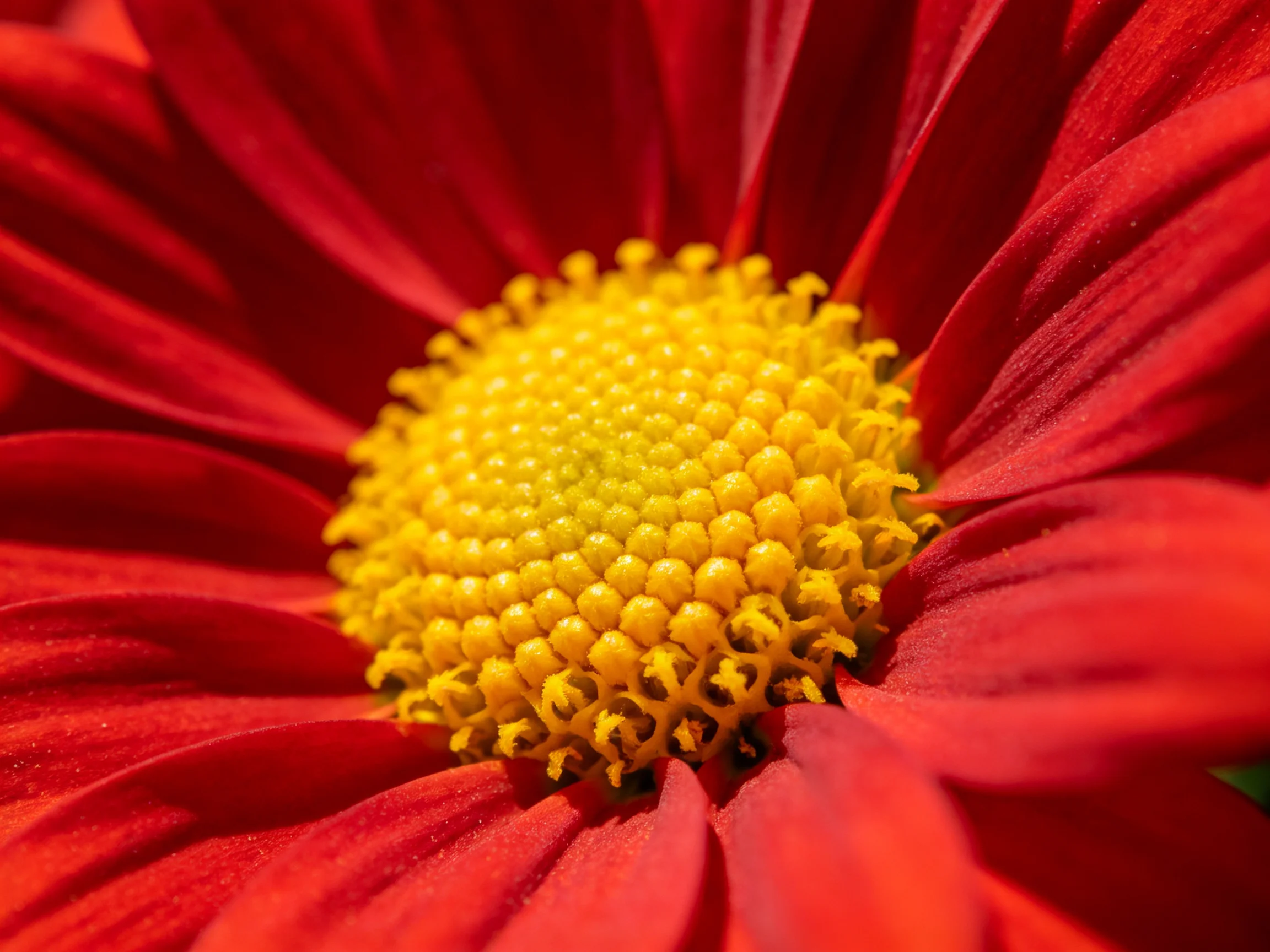 A vibrant red flower with a dense yellow central cluster