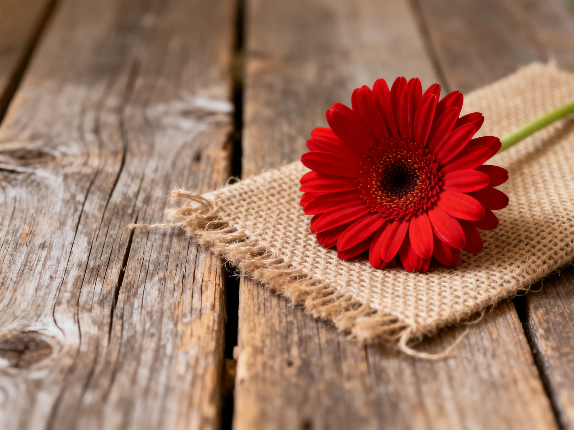 A vibrant red gerbera rests on burlap atop weathered wood