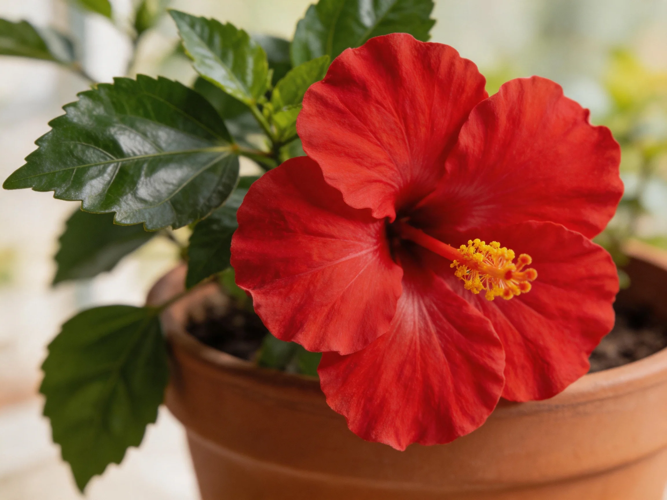A vibrant red hibiscus flower in a terracotta pot with glossy green leaves