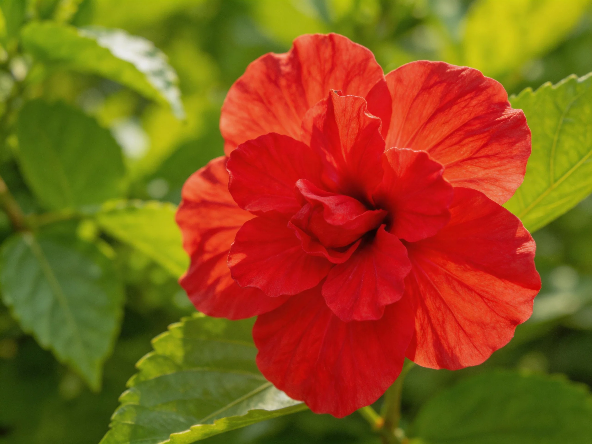 A vibrant red hibiscus flower with layered petals