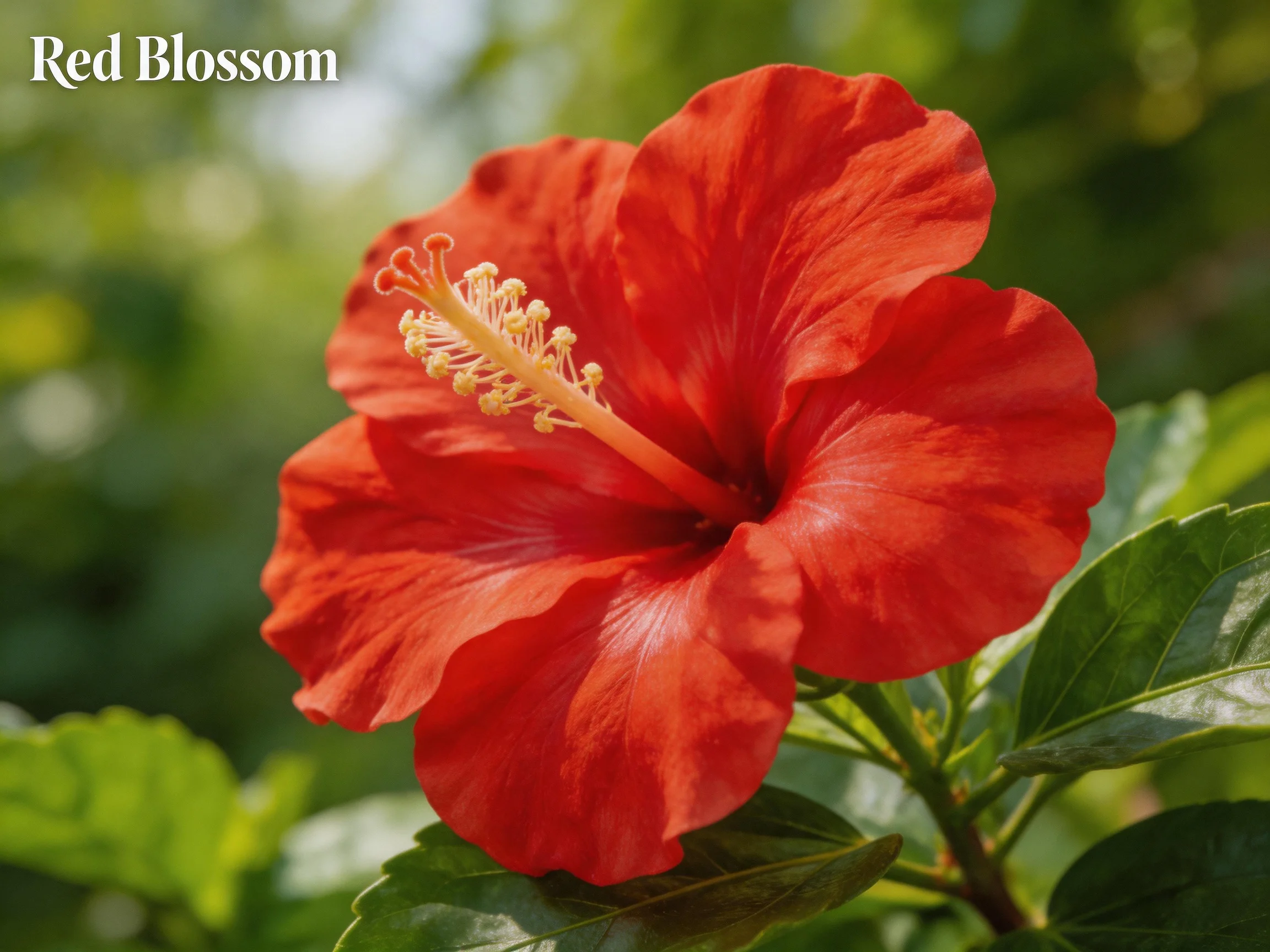 A vibrant red hibiscus flower with lush green foliage