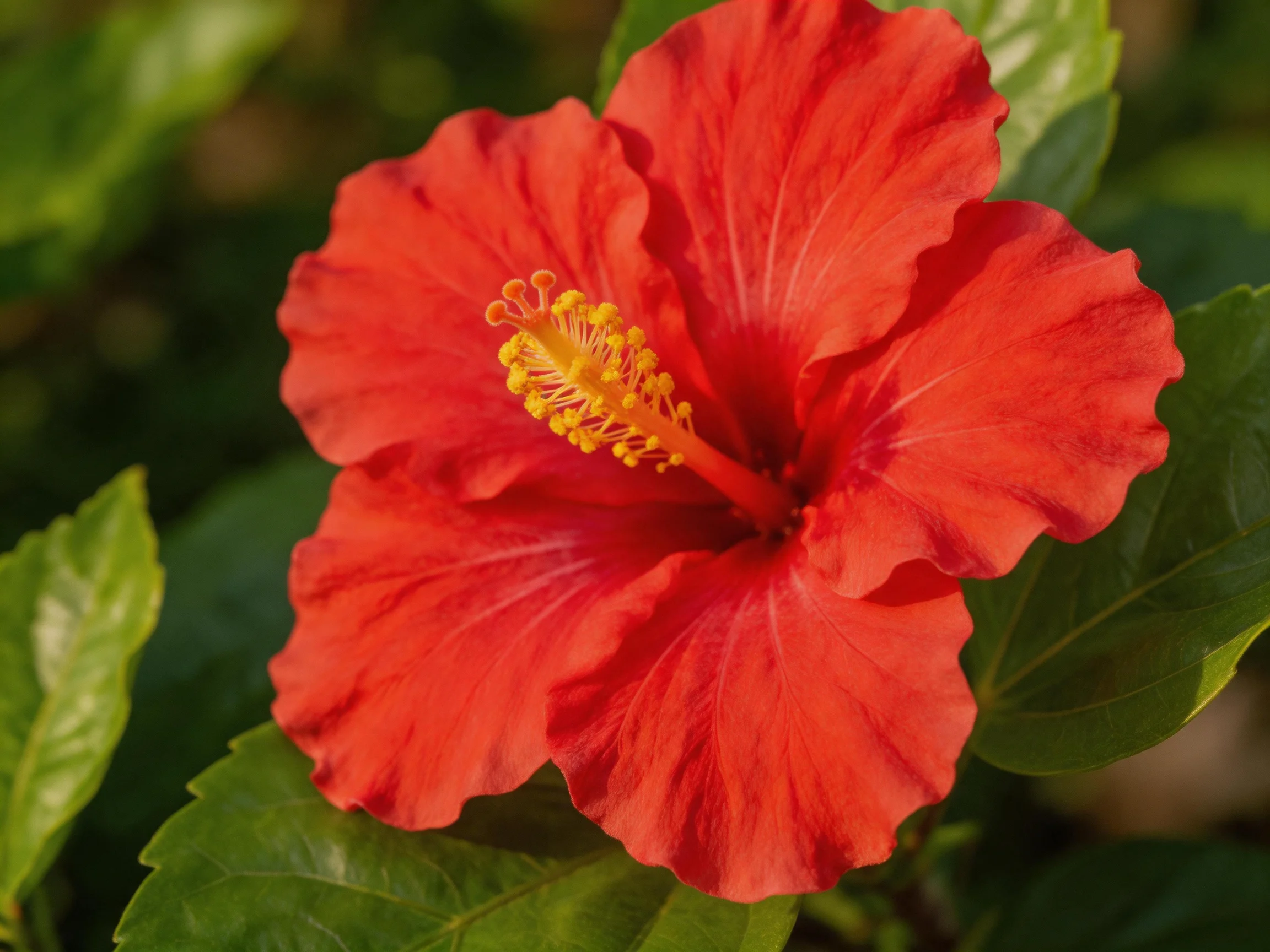 A vibrant red hibiscus flower with lush green foliage