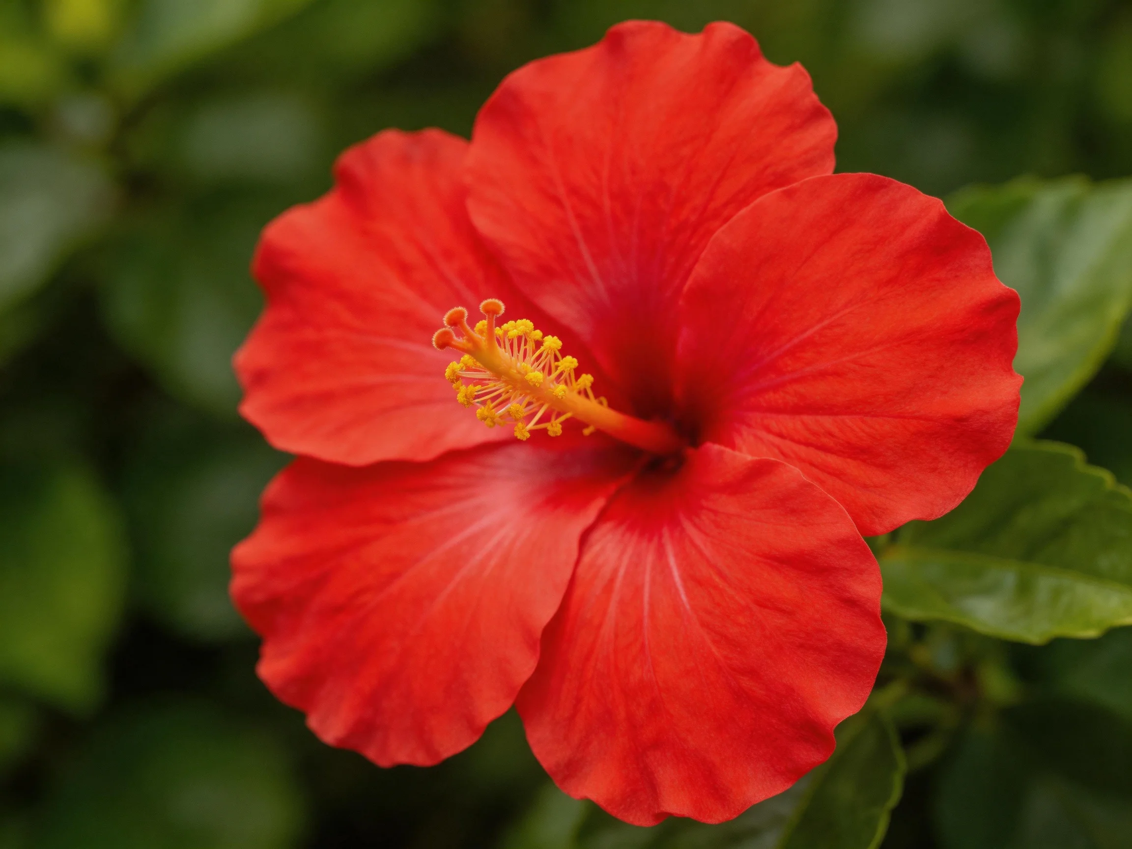 A vibrant red hibiscus flower with lush green foliage