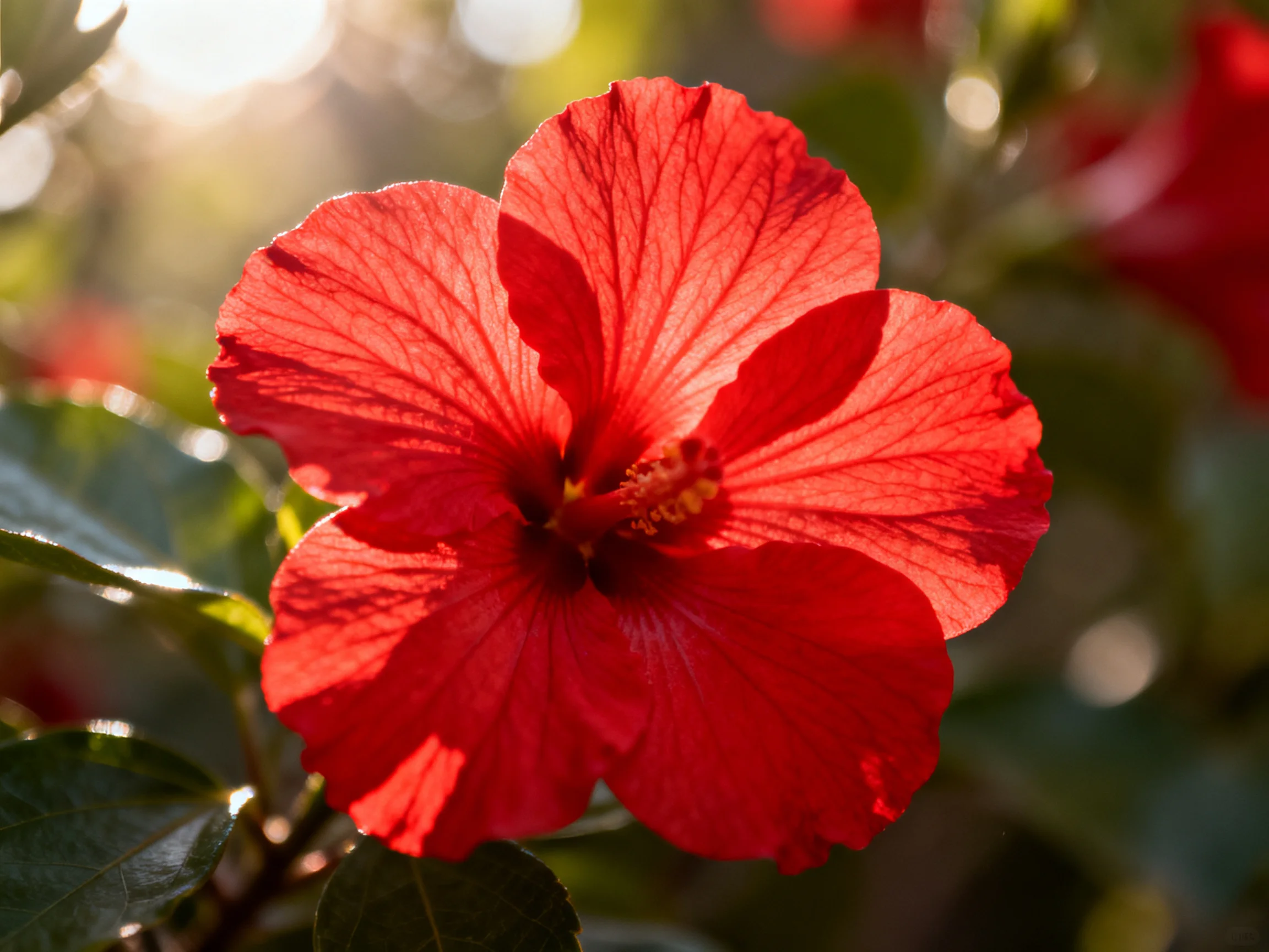 A vibrant red hibiscus flower with prominent petals