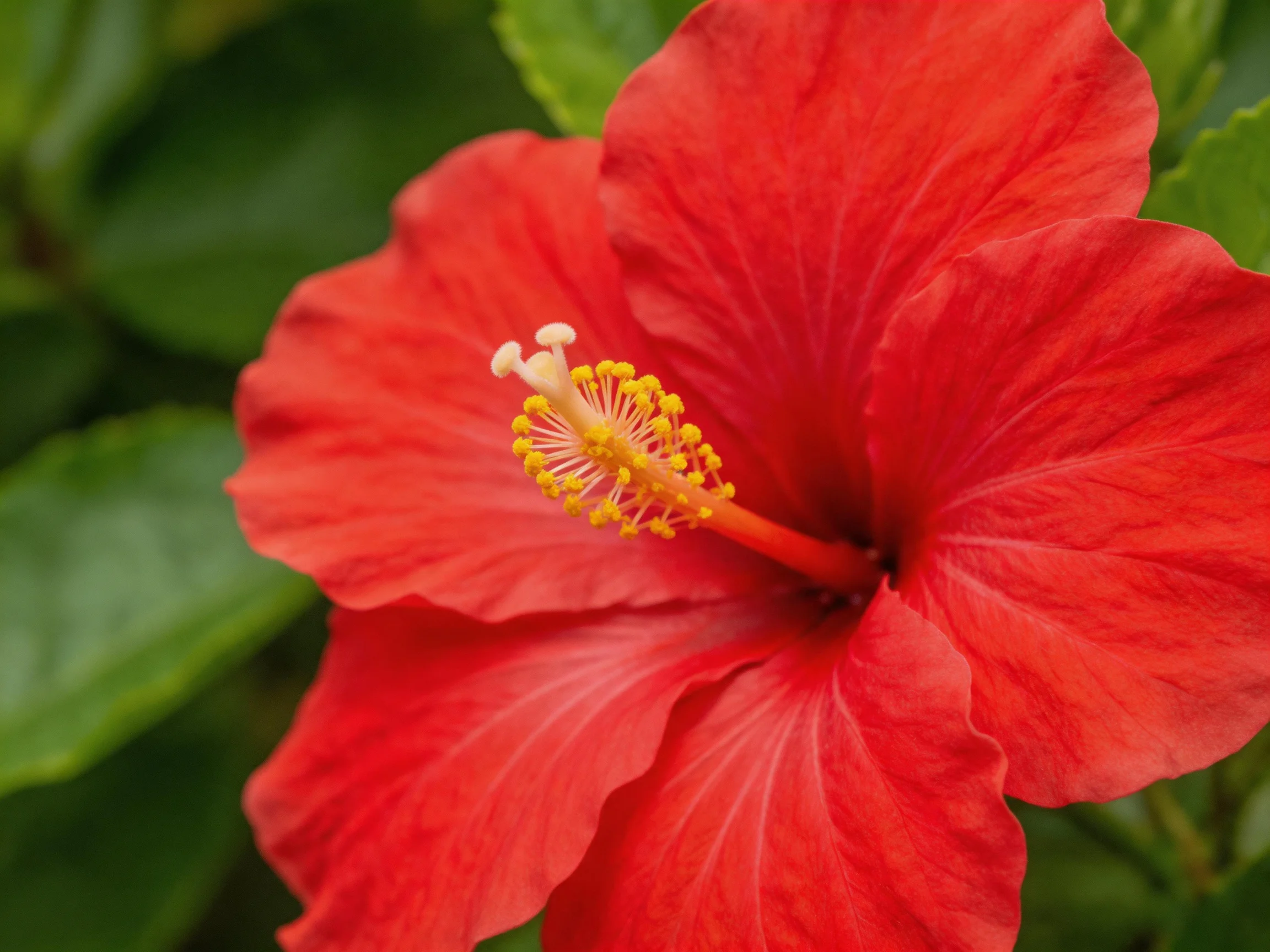 A vibrant red hibiscus flower with yellow stamens