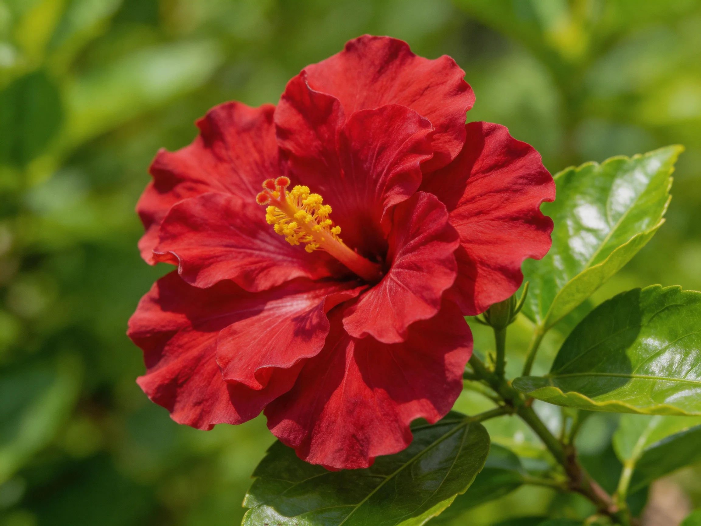 A vibrant red hibiscus with layered petals and bright yellow stamens