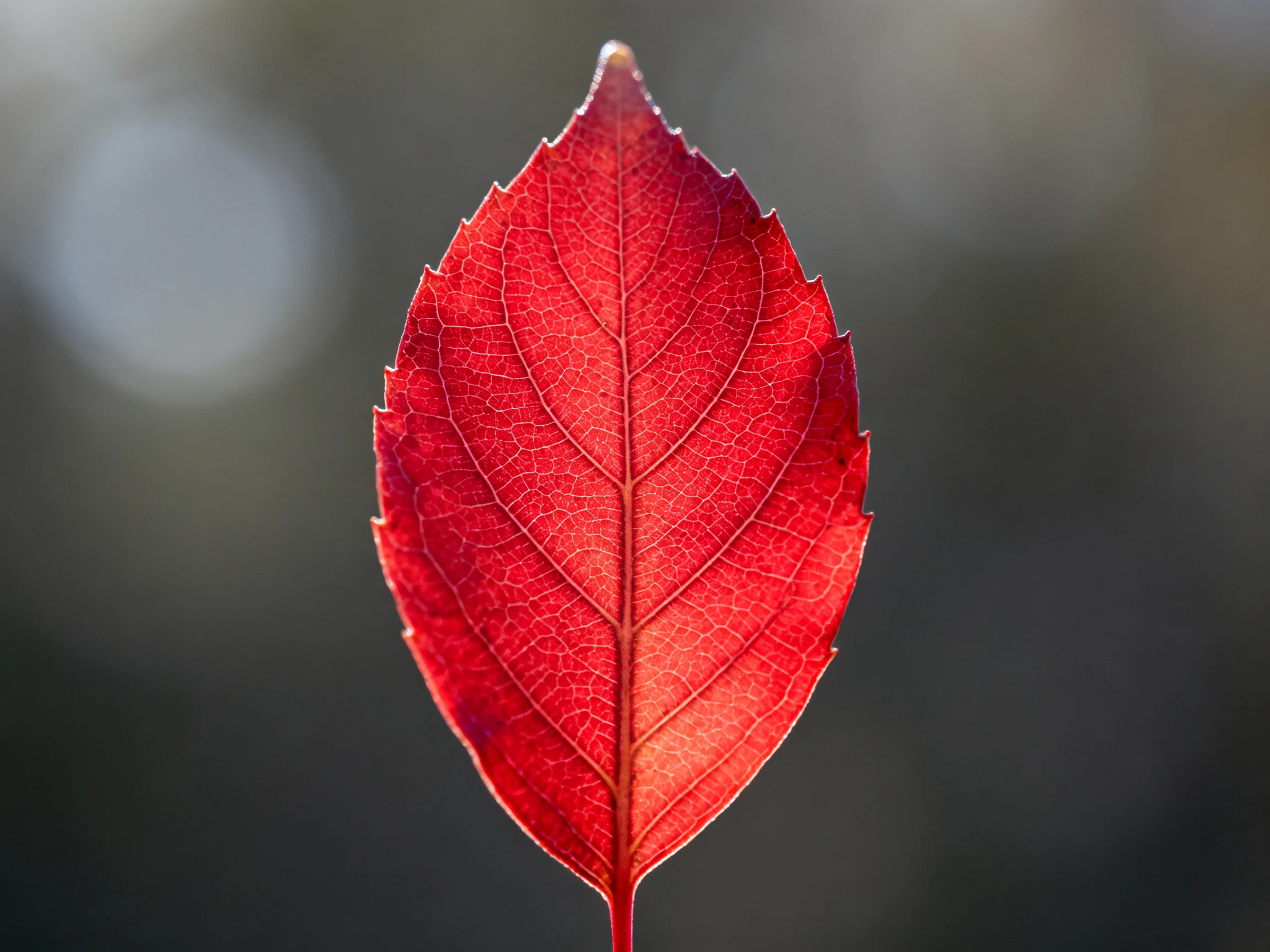 A vibrant red leaf with intricate vein patterns