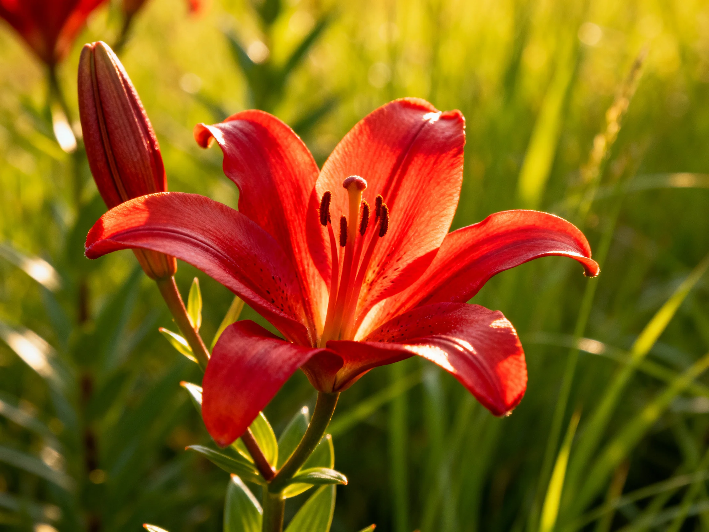 A vibrant red lily blooms beside a closed bud in a sunlit meadow