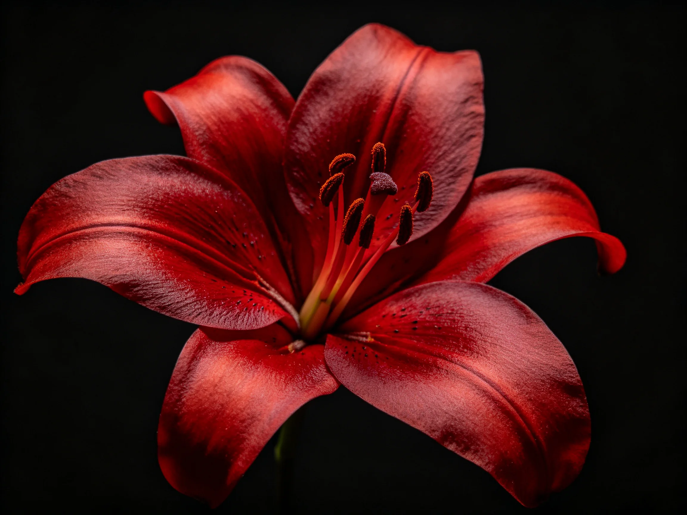 A vibrant red lily with glossy petals against a black backdrop