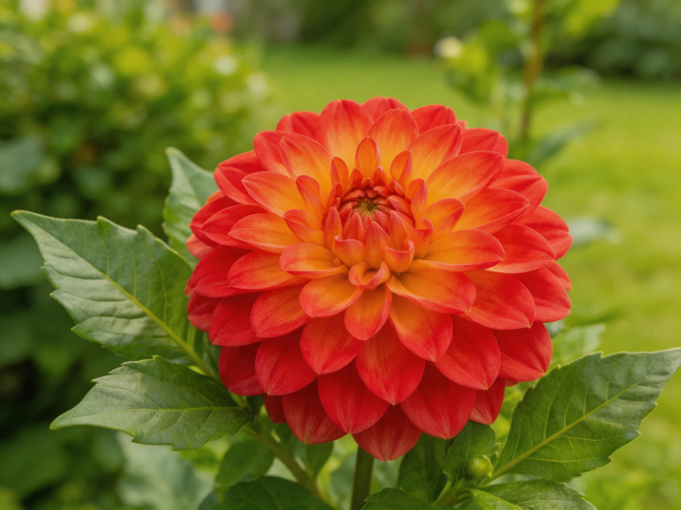 A vibrant red-orange dahlia blooms in a lush green garden