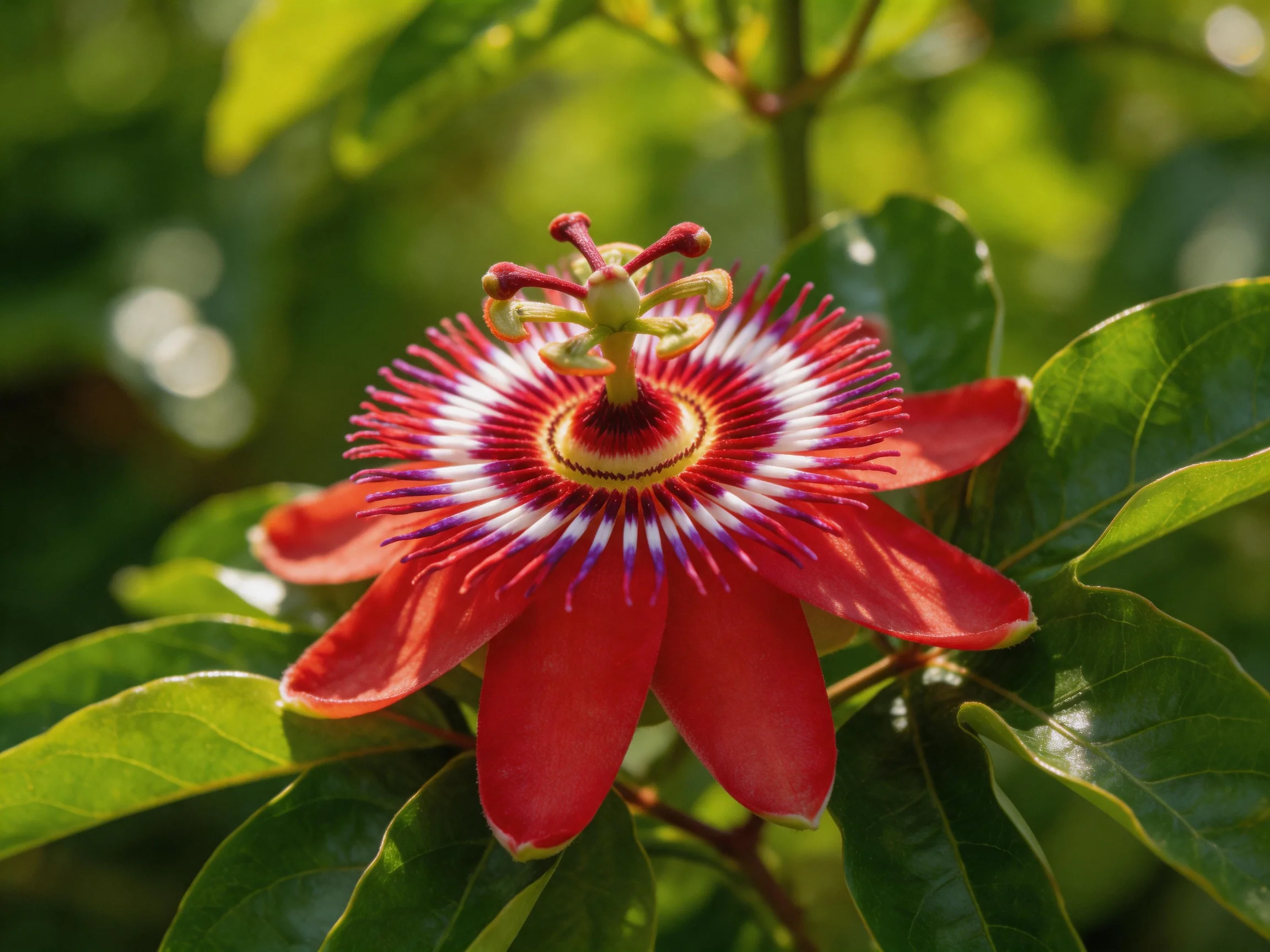 A vibrant red passionflower blooms amid lush green foliage