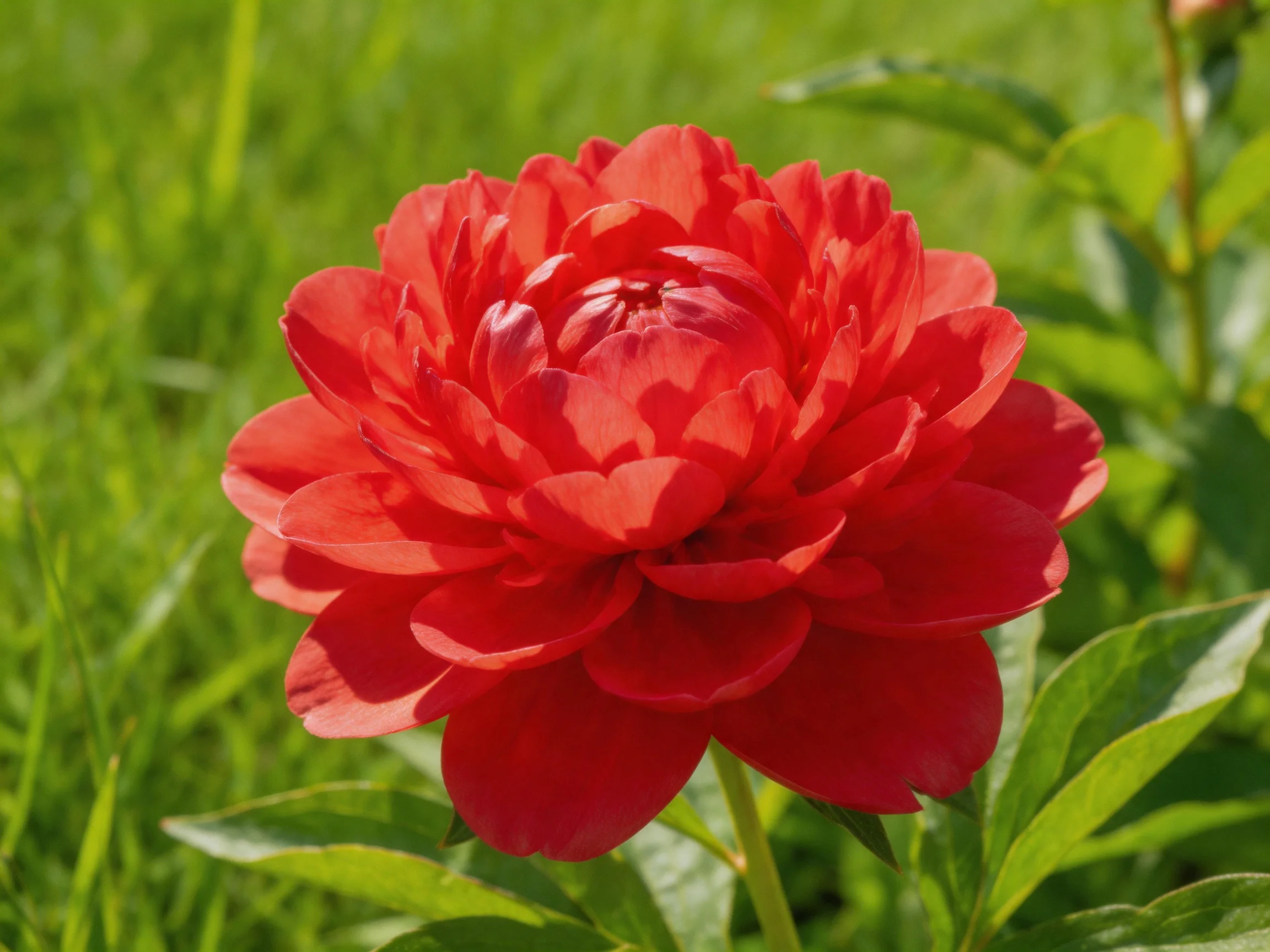 A vibrant red peony blooms amid lush green foliage