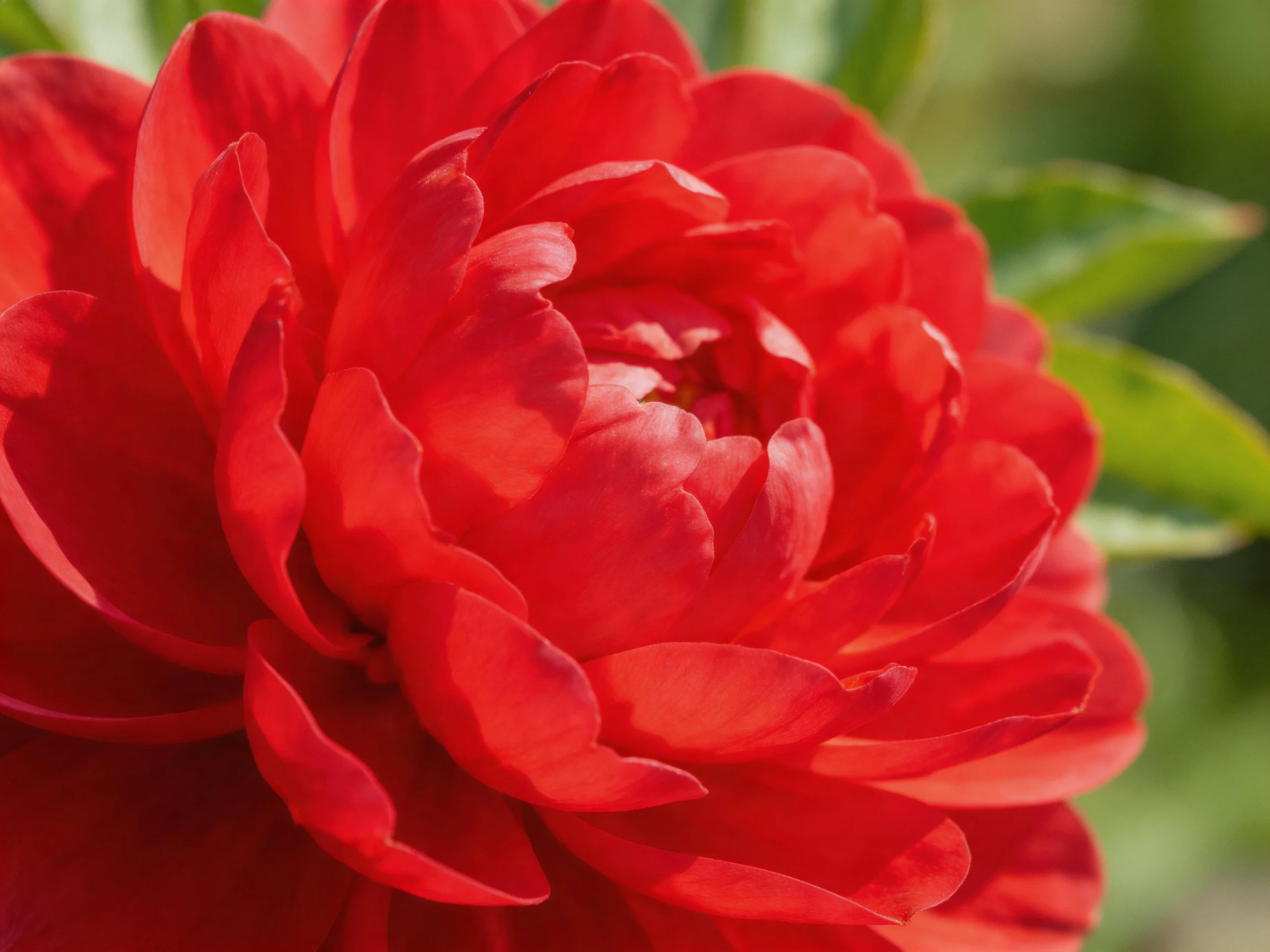 A vibrant red peony in full bloom with layered petals