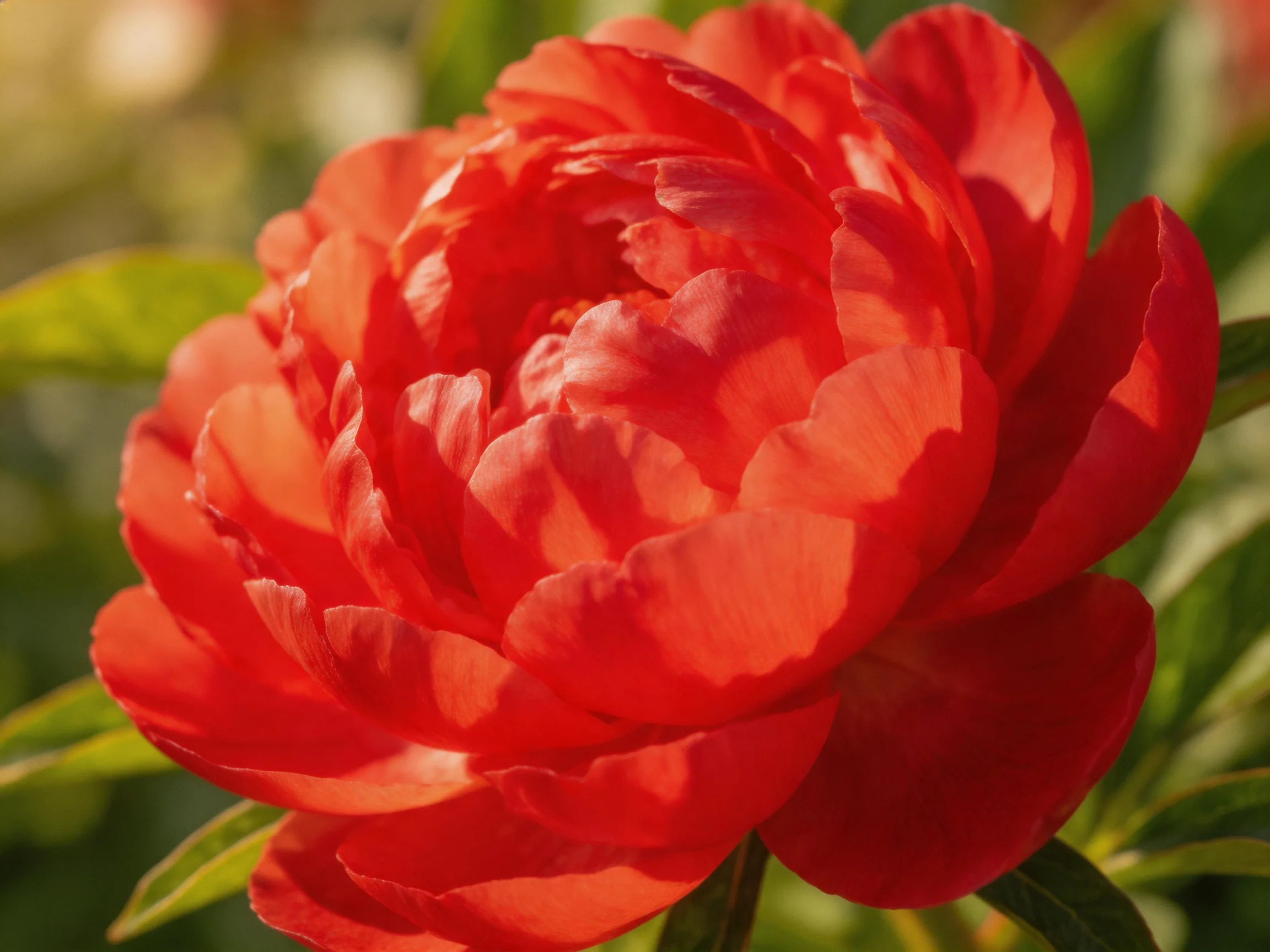 A vibrant red peony in full bloom with lush green foliage