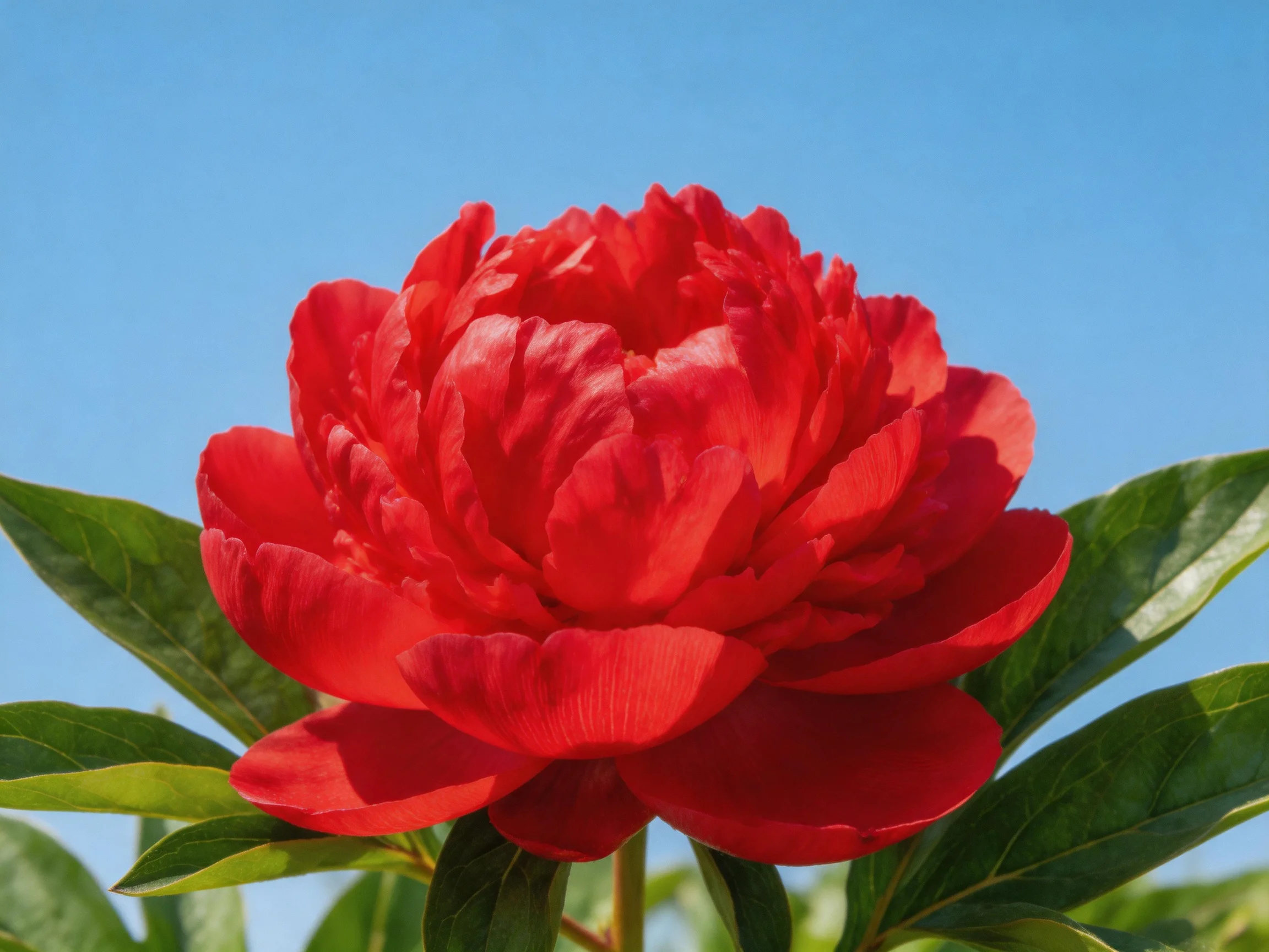 A vibrant red peony in full bloom with lush green leaves