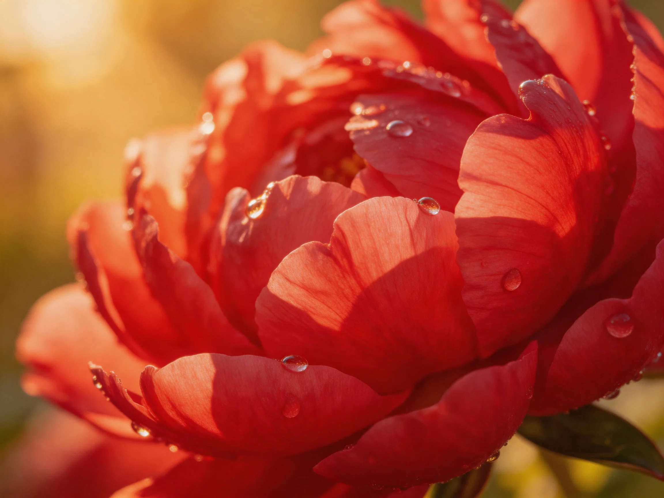 A vibrant red peony with glistening dewdrops