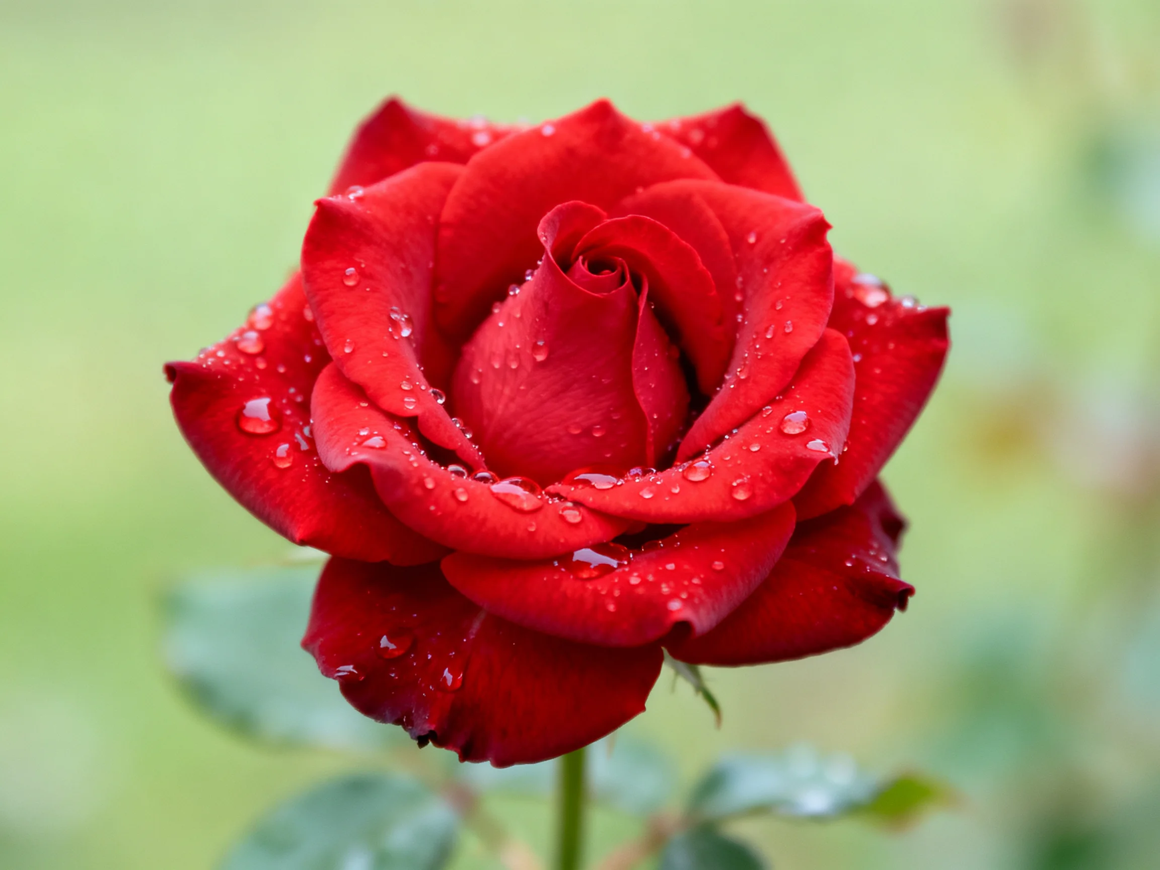 A vibrant red rose adorned with glistening water droplets