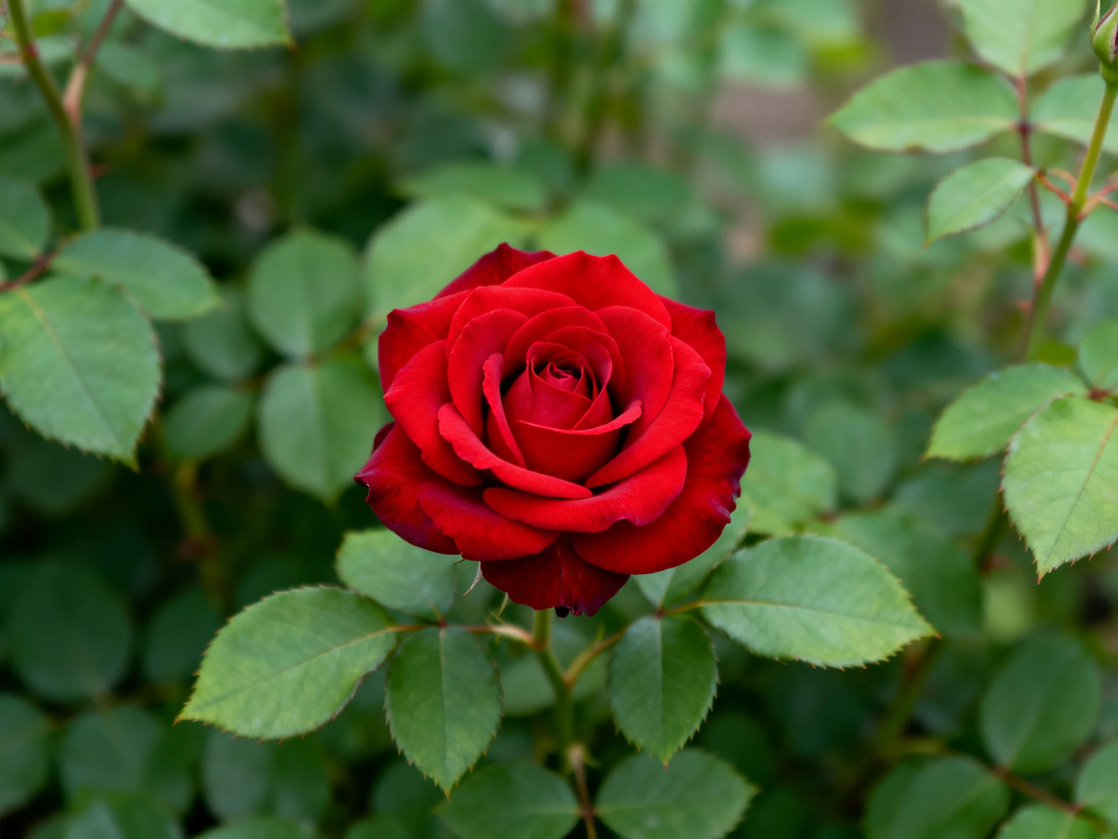 A vibrant red rose blooms amidst lush green foliage