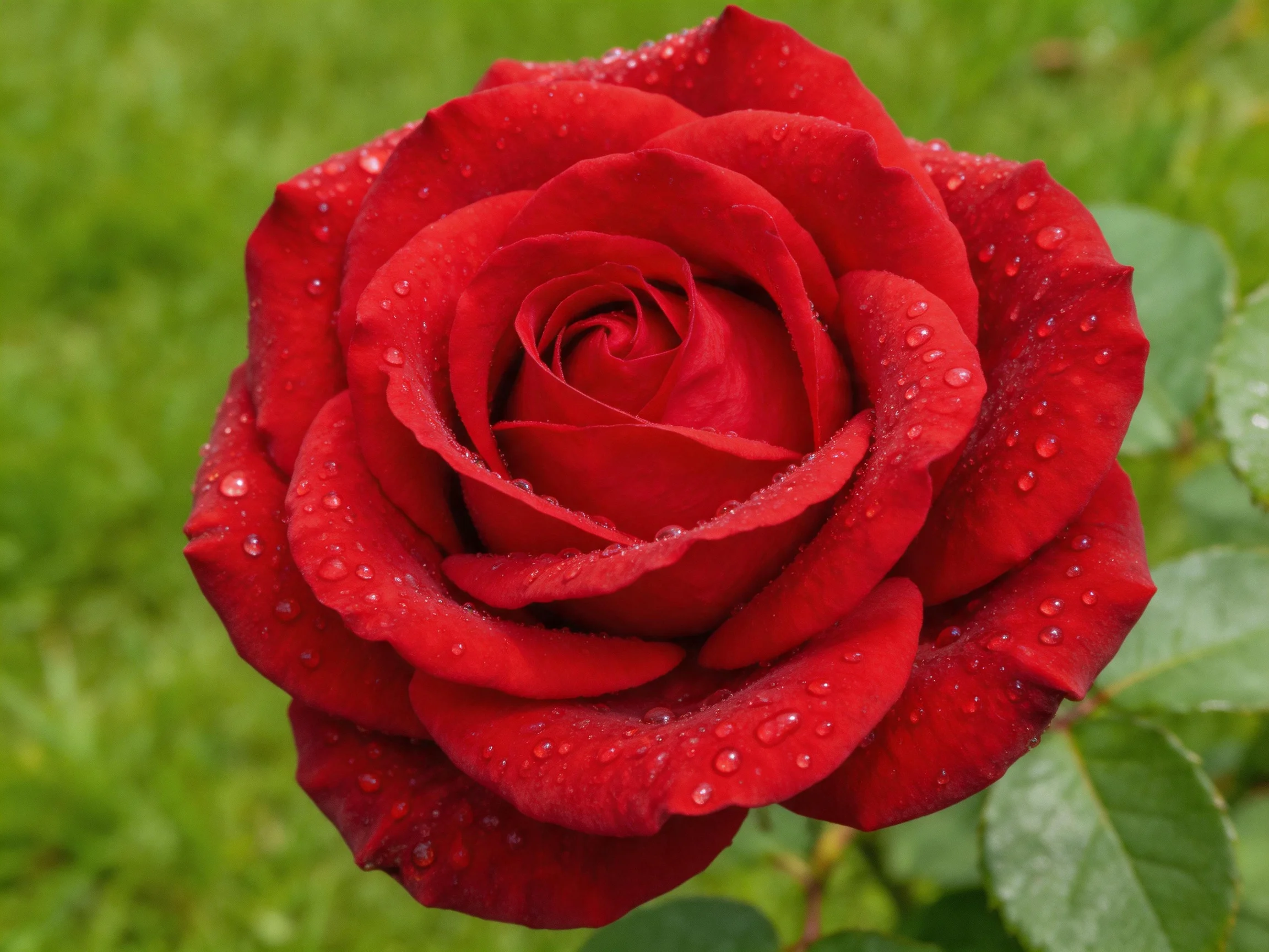 A vibrant red rose covered in glistening dewdrops