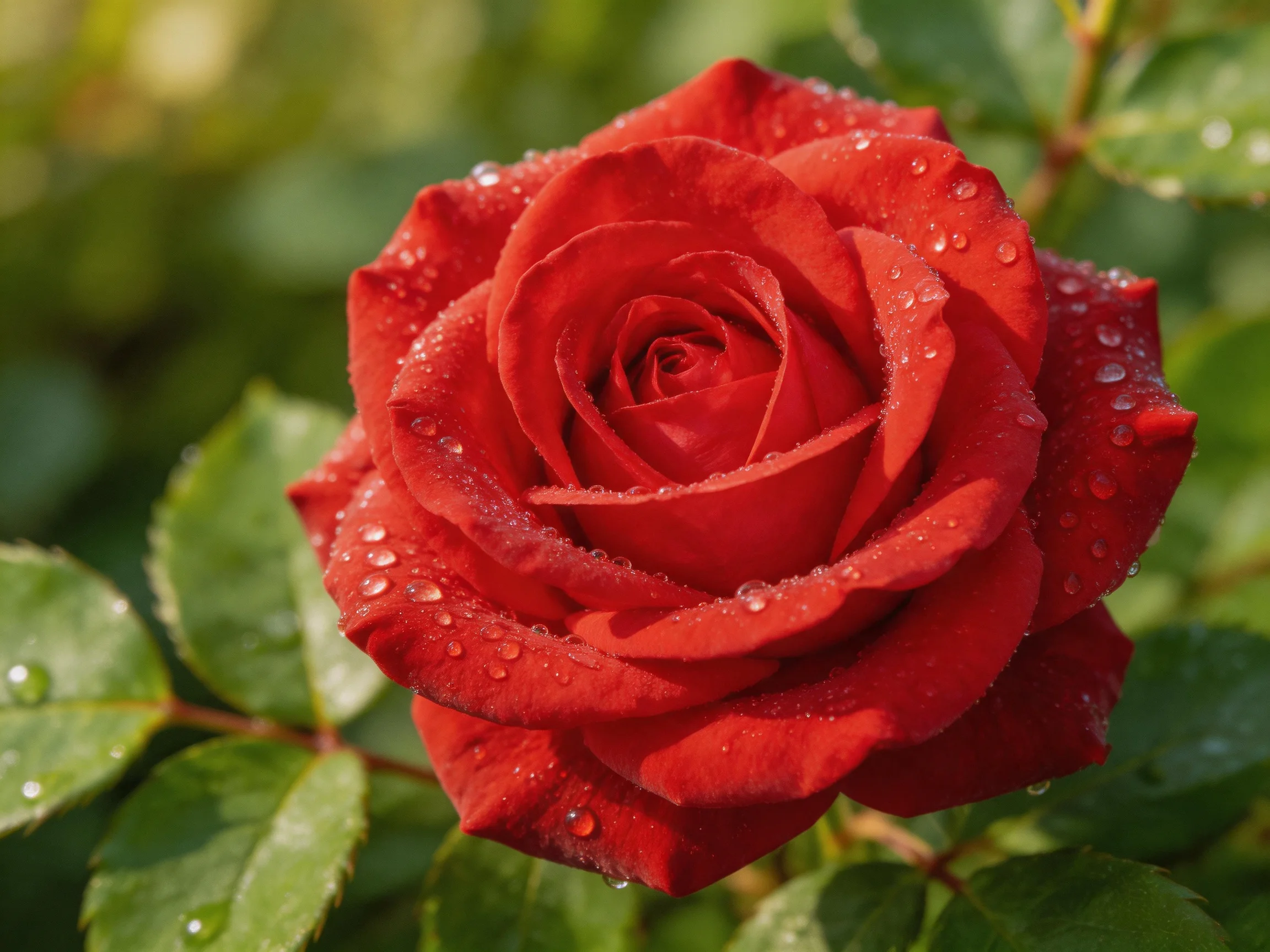 A vibrant red rose covered in glistening dewdrops