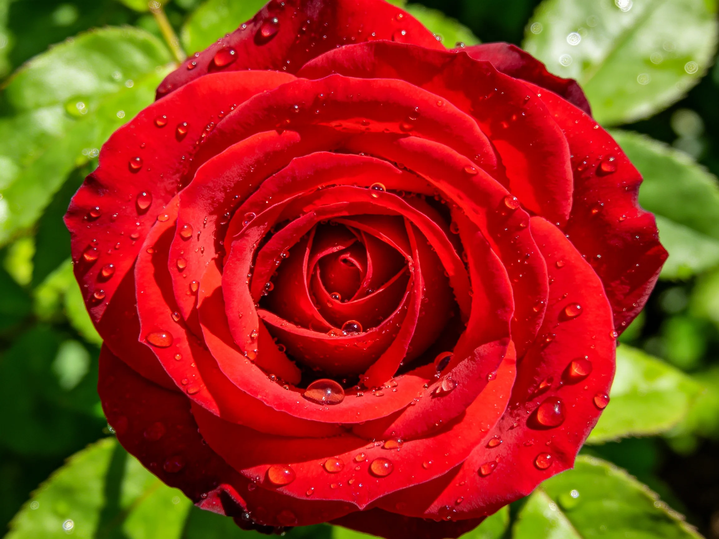 A vibrant red rose covered in glistening dewdrops