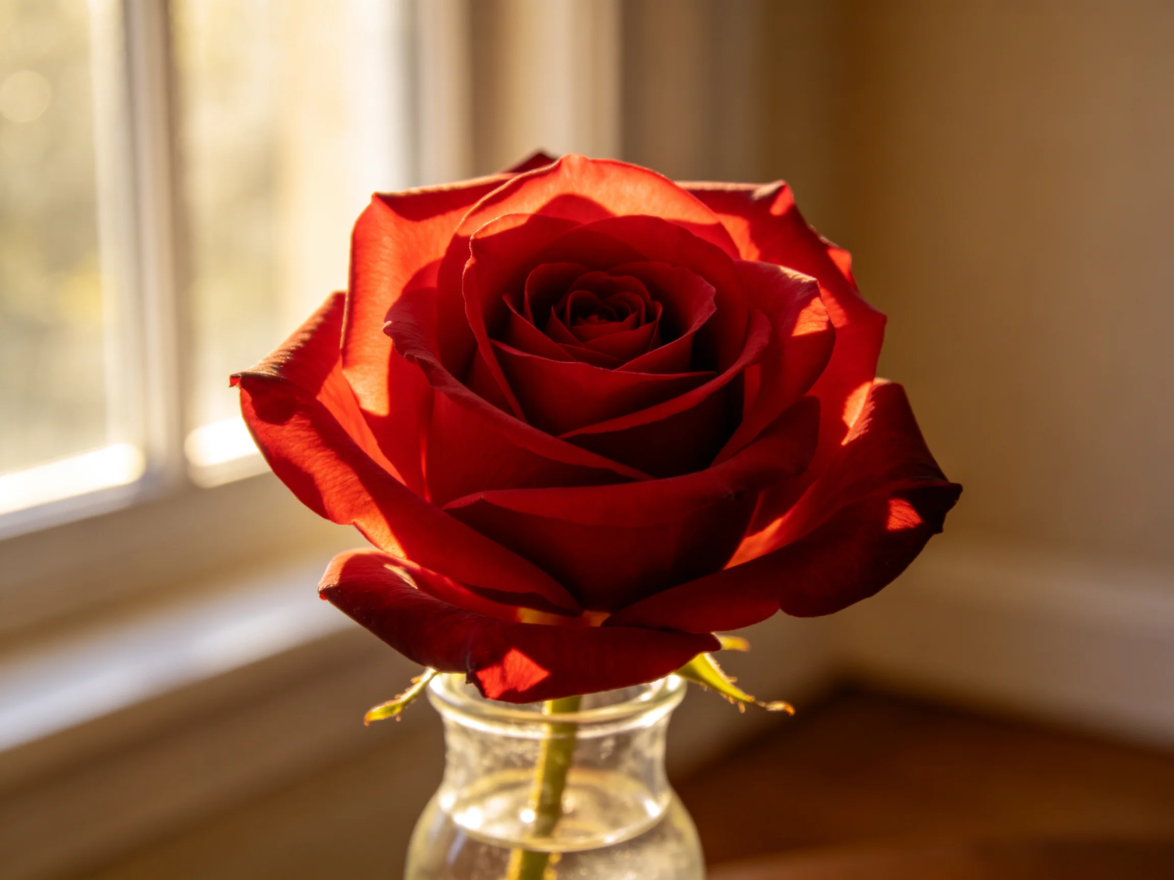 A vibrant red rose in a clear glass vase by a sunlit window